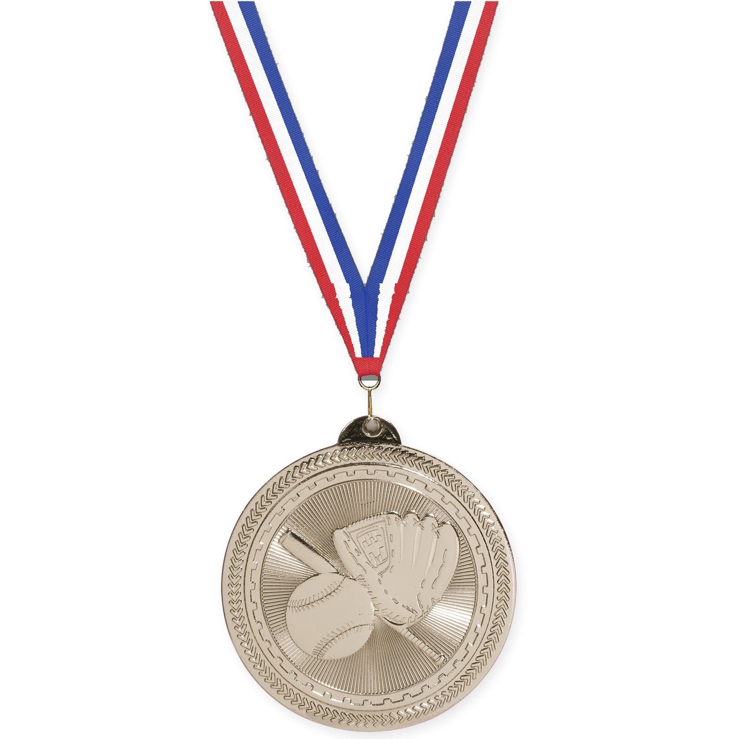 2 inch baseball and softball Sunburst medal in bright silver with Red White Blue neck ribbon