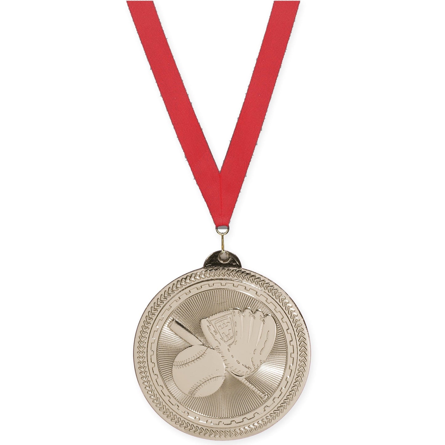 2 inch baseball and softball Sunburst medal in bright silver with Red neck ribbon