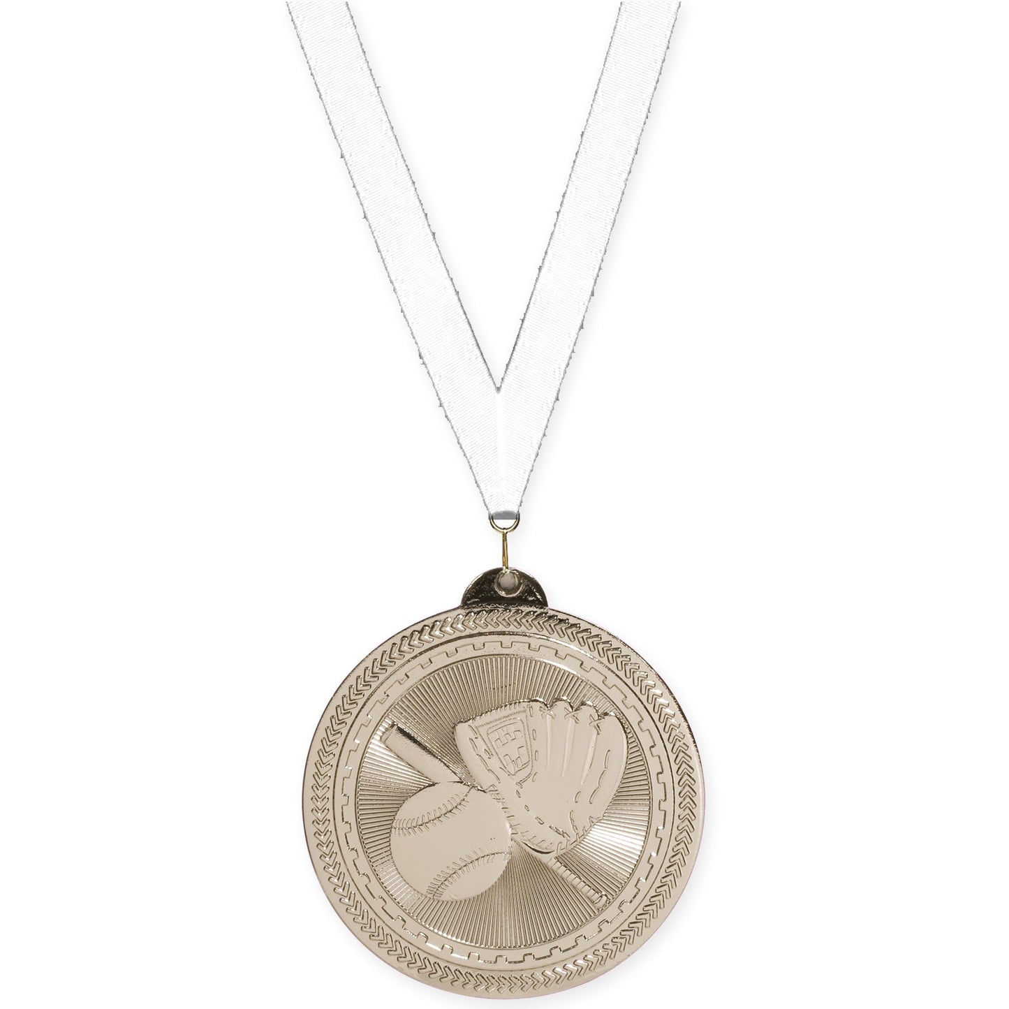 2 inch baseball and softball Sunburst medal in bright silver with White neck ribbon