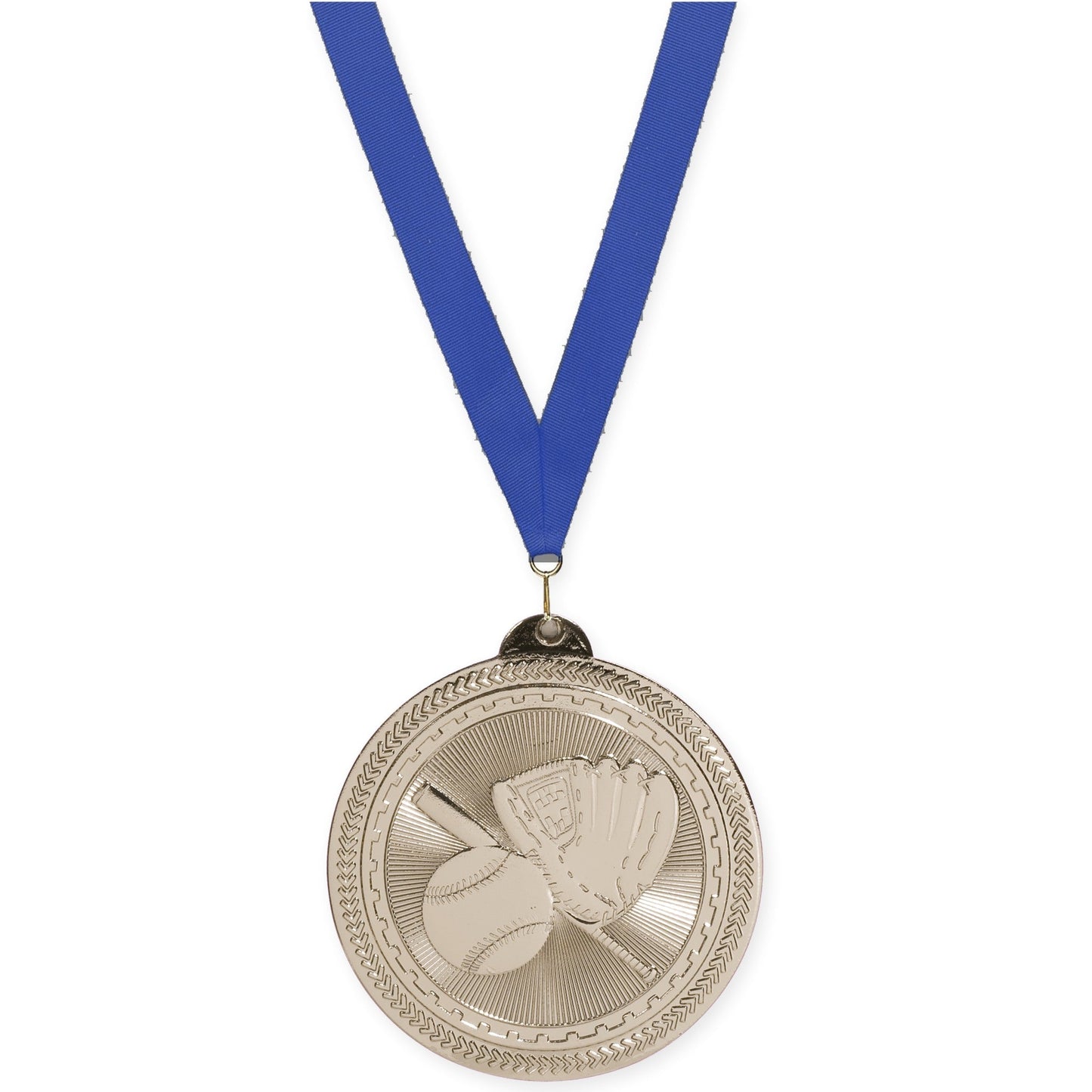 2 inch baseball and softball Sunburst medal in bright silver with Blue neck ribbon