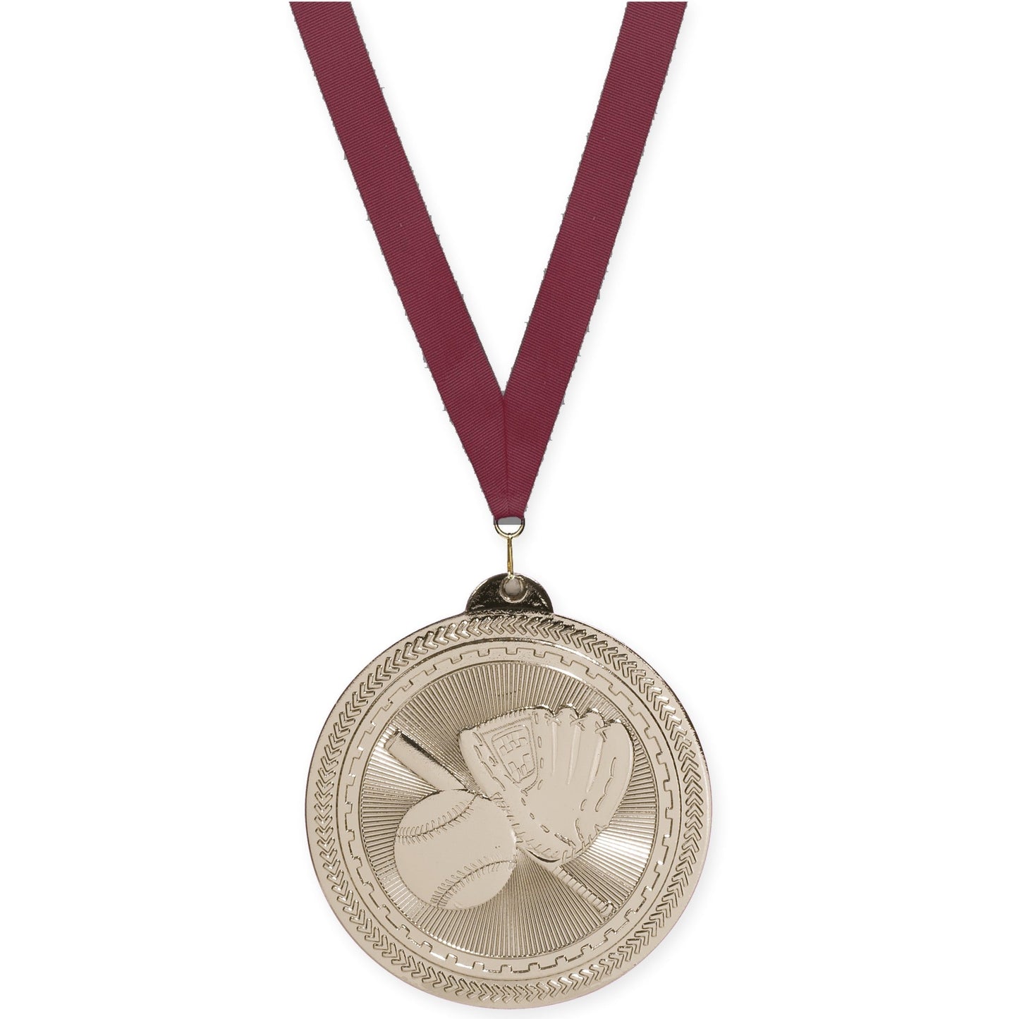 2 inch baseball and softball Sunburst medal in bright silver with Maroon neck ribbon