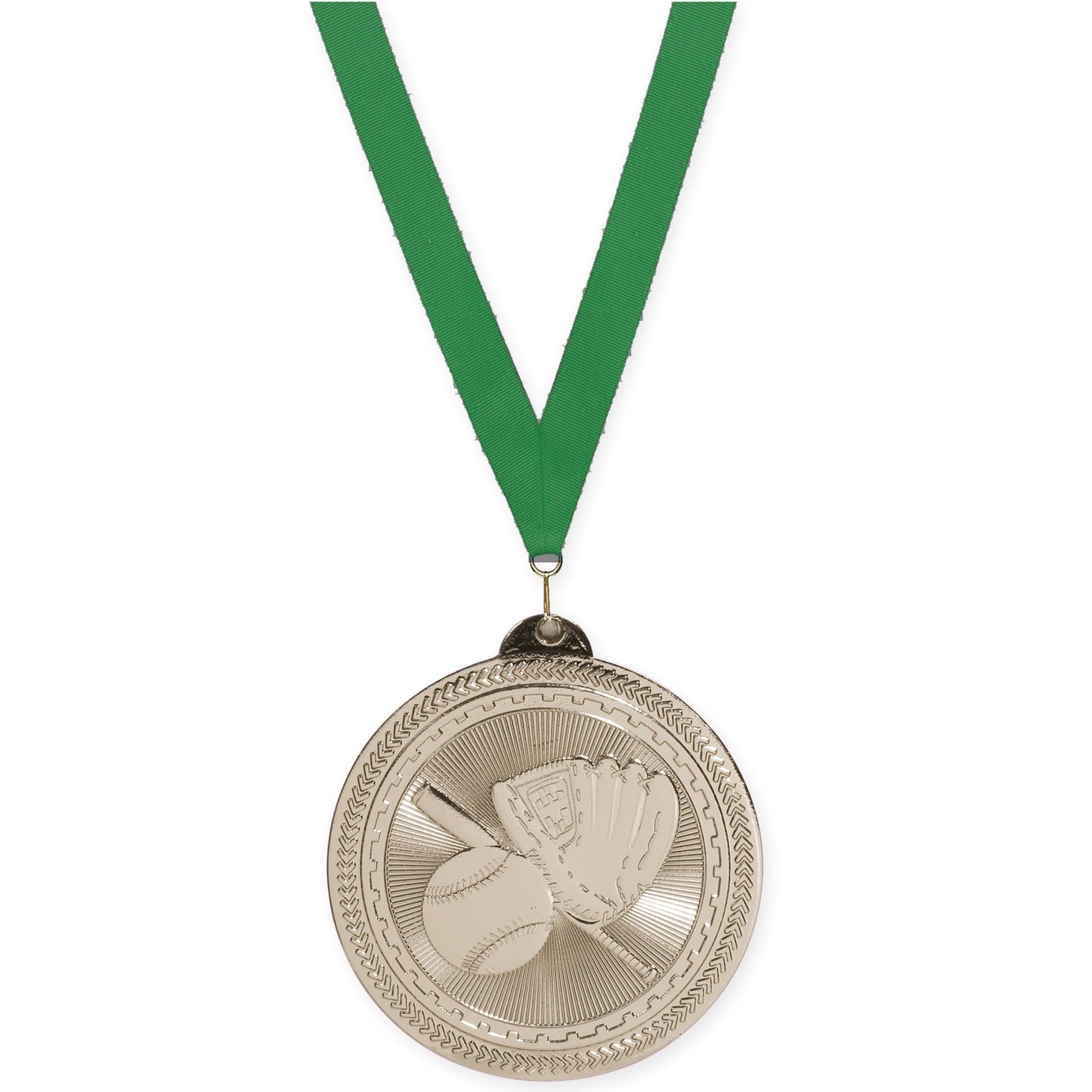 2 inch baseball and softball Sunburst medal in bright silver with Green neck ribbon