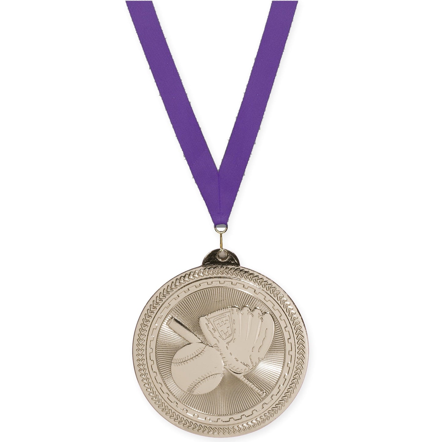 2 inch baseball and softball Sunburst medal in bright silver with Purple neck ribbon