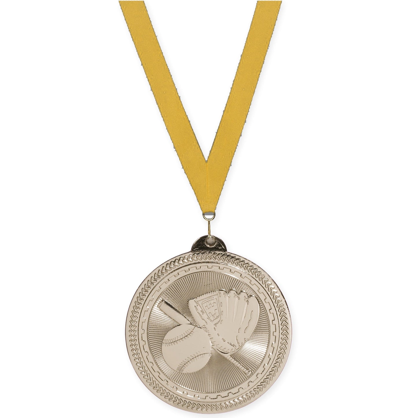 2 inch baseball and softball Sunburst medal in bright silver with Gold neck ribbon