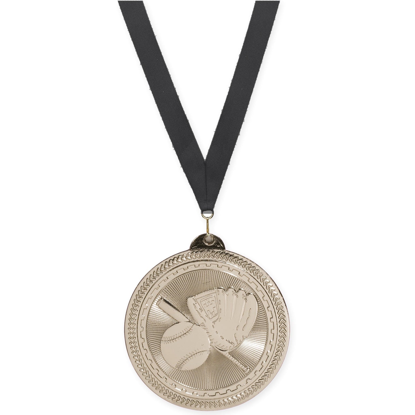 2 inch baseball and softball Sunburst medal in bright silver with Black neck ribbon