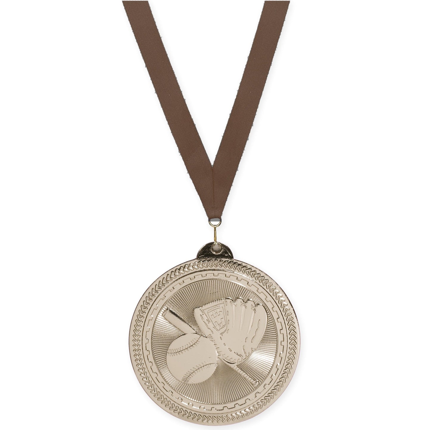 2 inch baseball and softball Sunburst medal in bright silver with Brown neck ribbon
