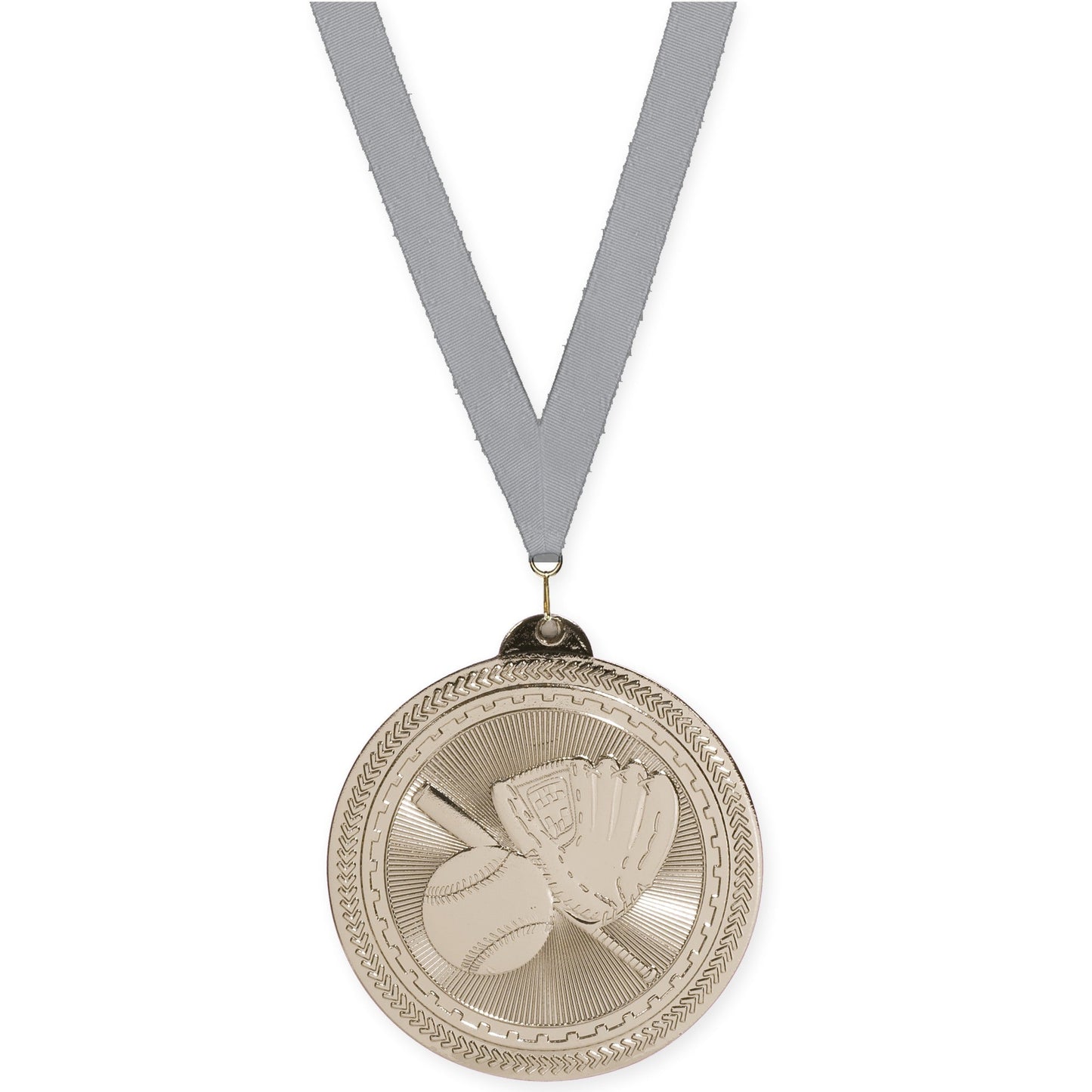 2 inch baseball and softball Sunburst medal in bright silver with Gray neck ribbon