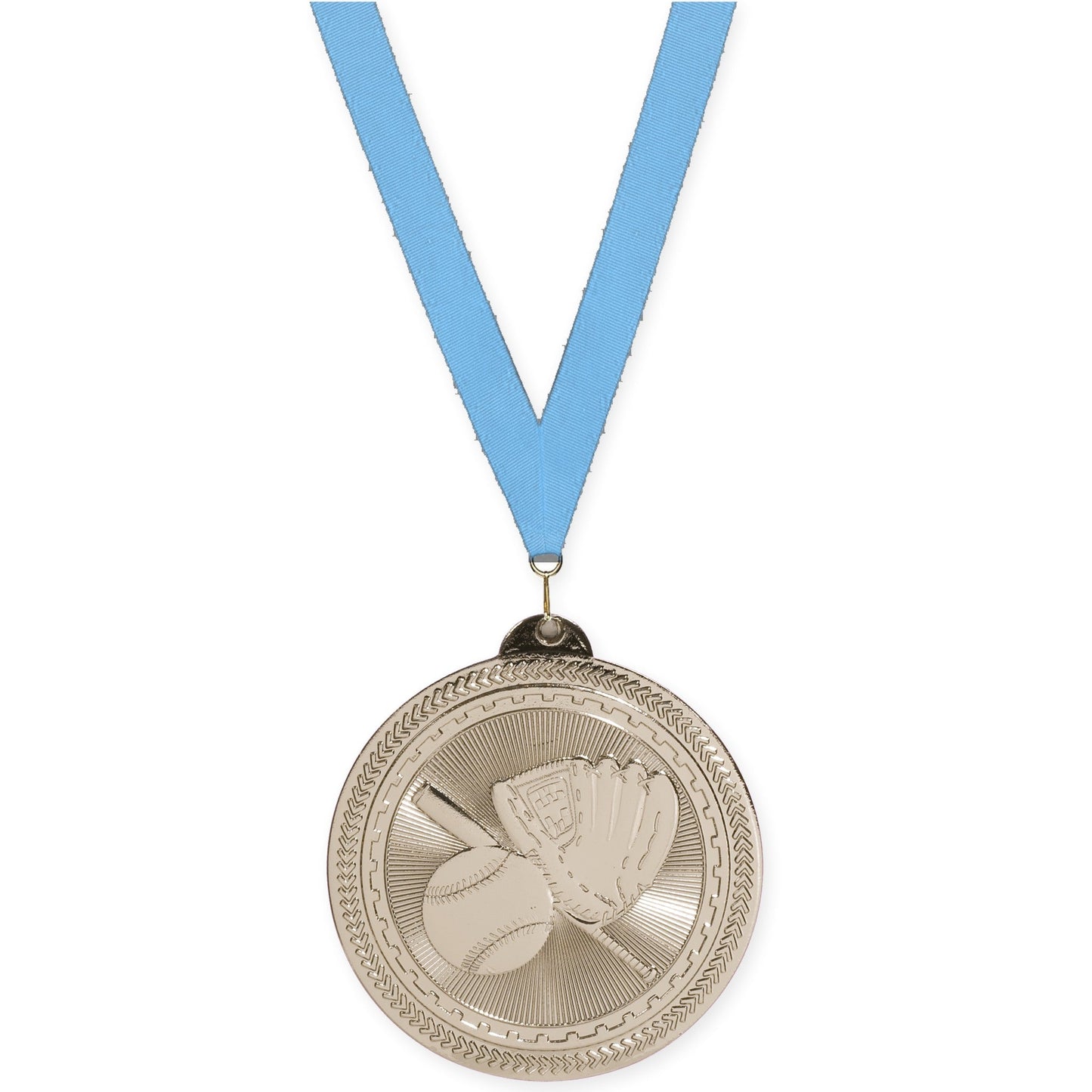 2 inch baseball and softball Sunburst medal in bright silver with Light Blue neck ribbon