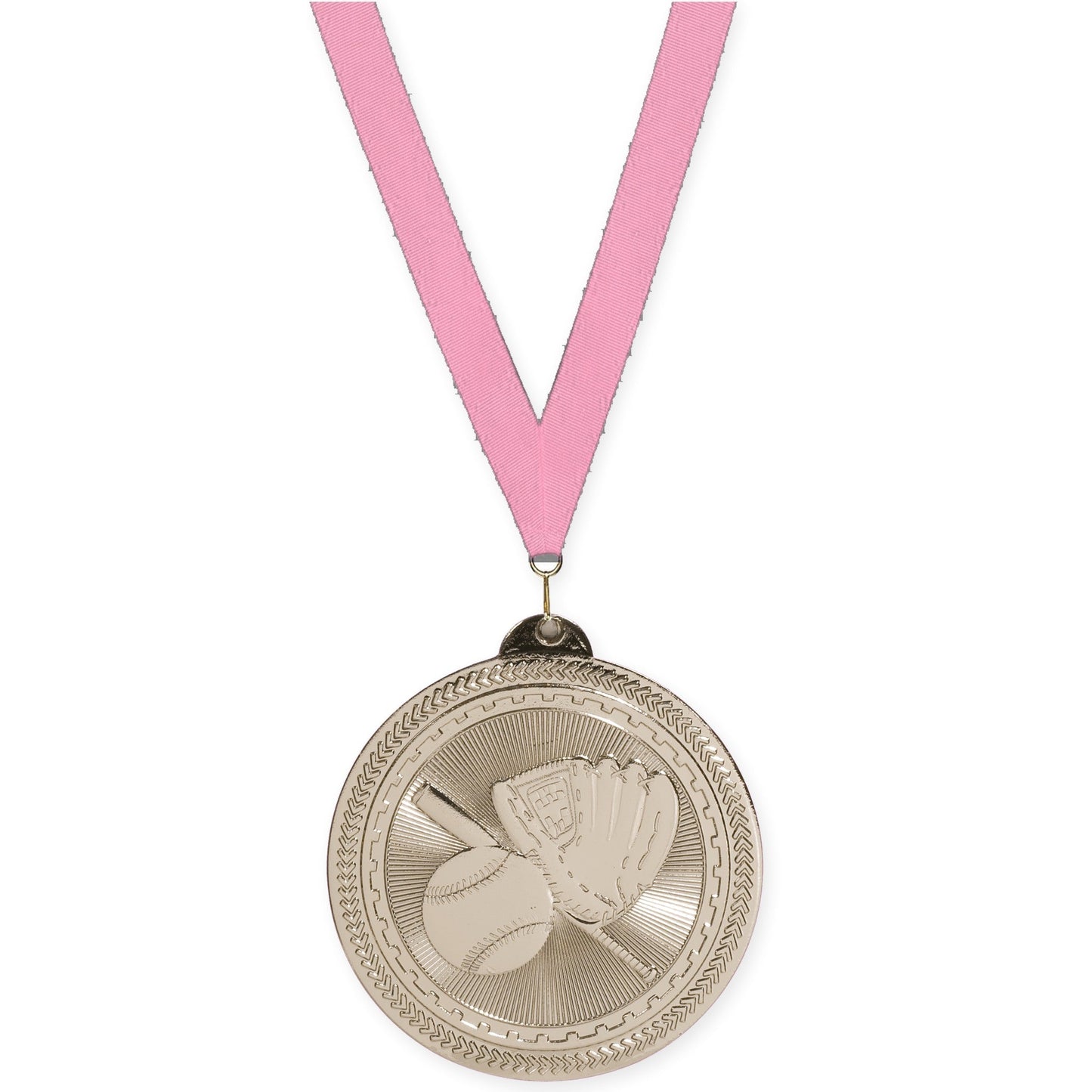 2 inch baseball and softball Sunburst medal in bright silver with Pink neck ribbon