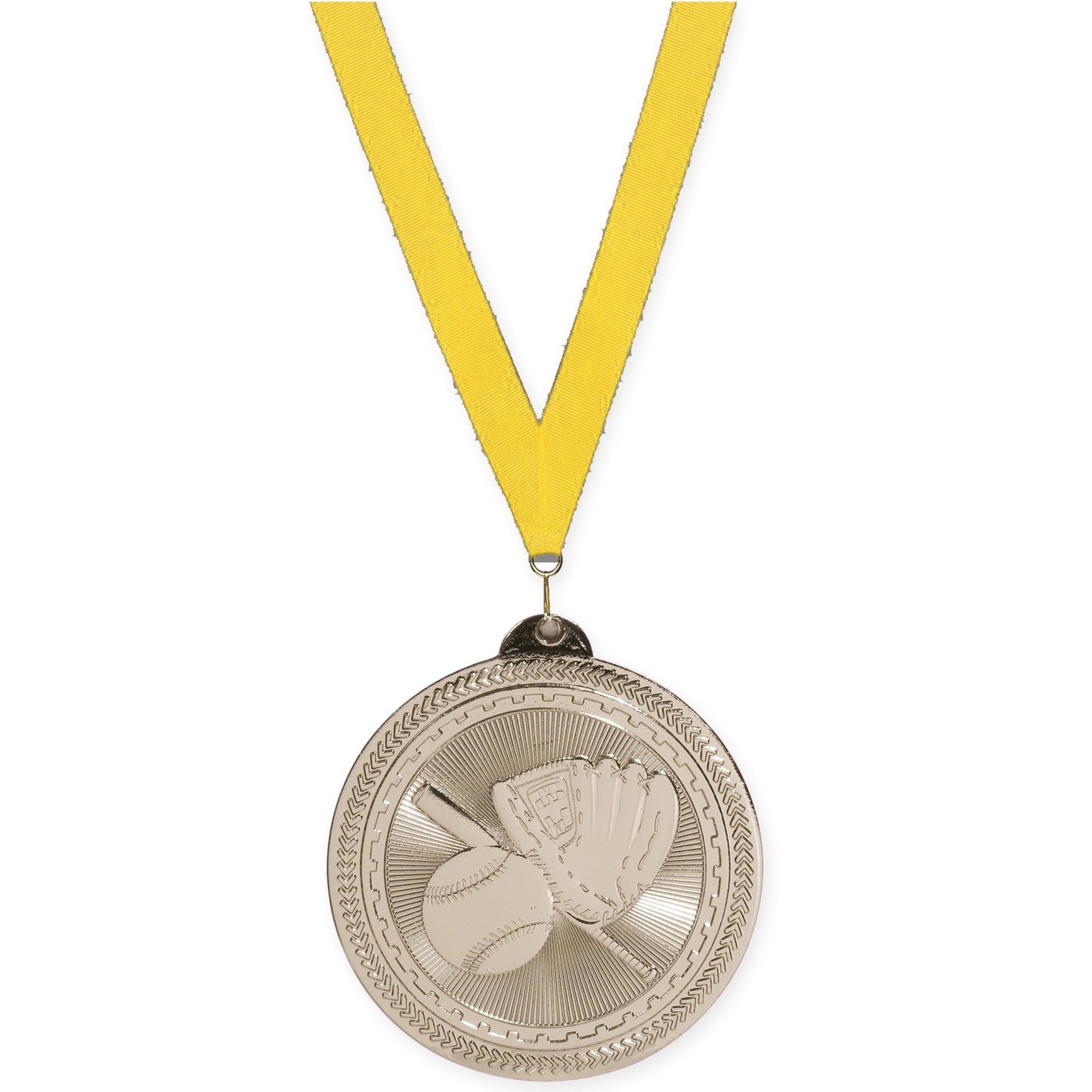 2 inch baseball and softball Sunburst medal in bright silver with Yellow neck ribbon