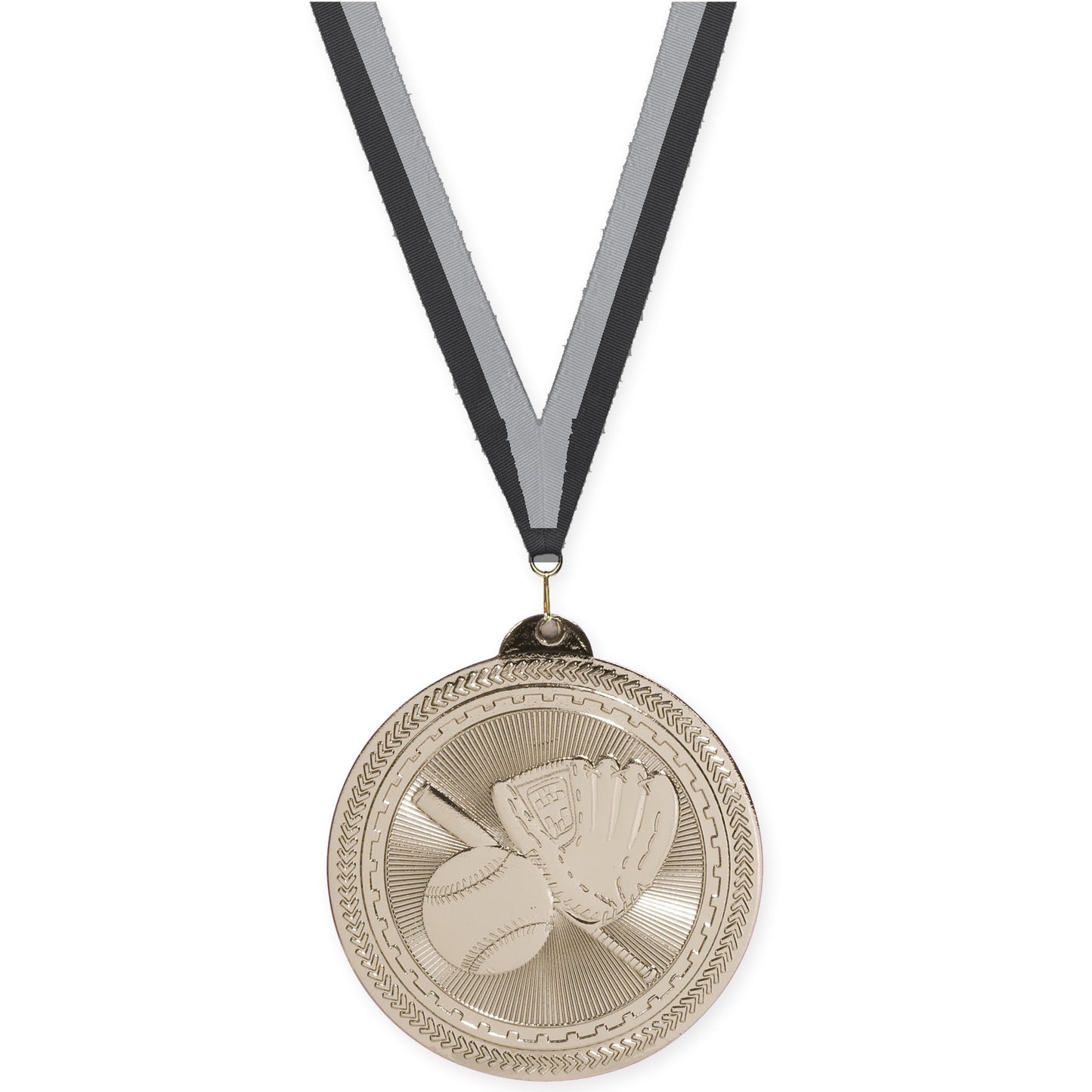 2 inch baseball and softball Sunburst medal in bright silver with Black Gray neck ribbon