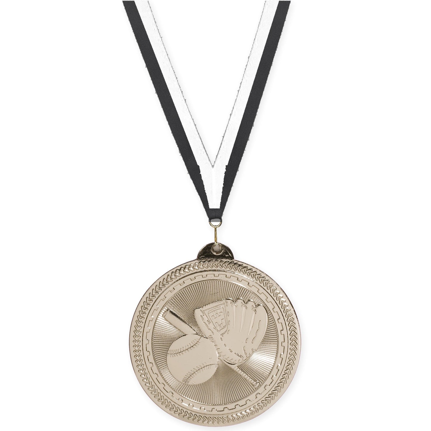 2 inch baseball and softball Sunburst medal in bright silver with Black White neck ribbon
