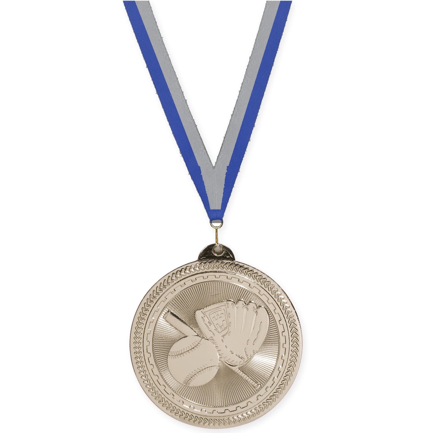 2 inch baseball and softball Sunburst medal in bright silver with Blue Gray neck ribbon