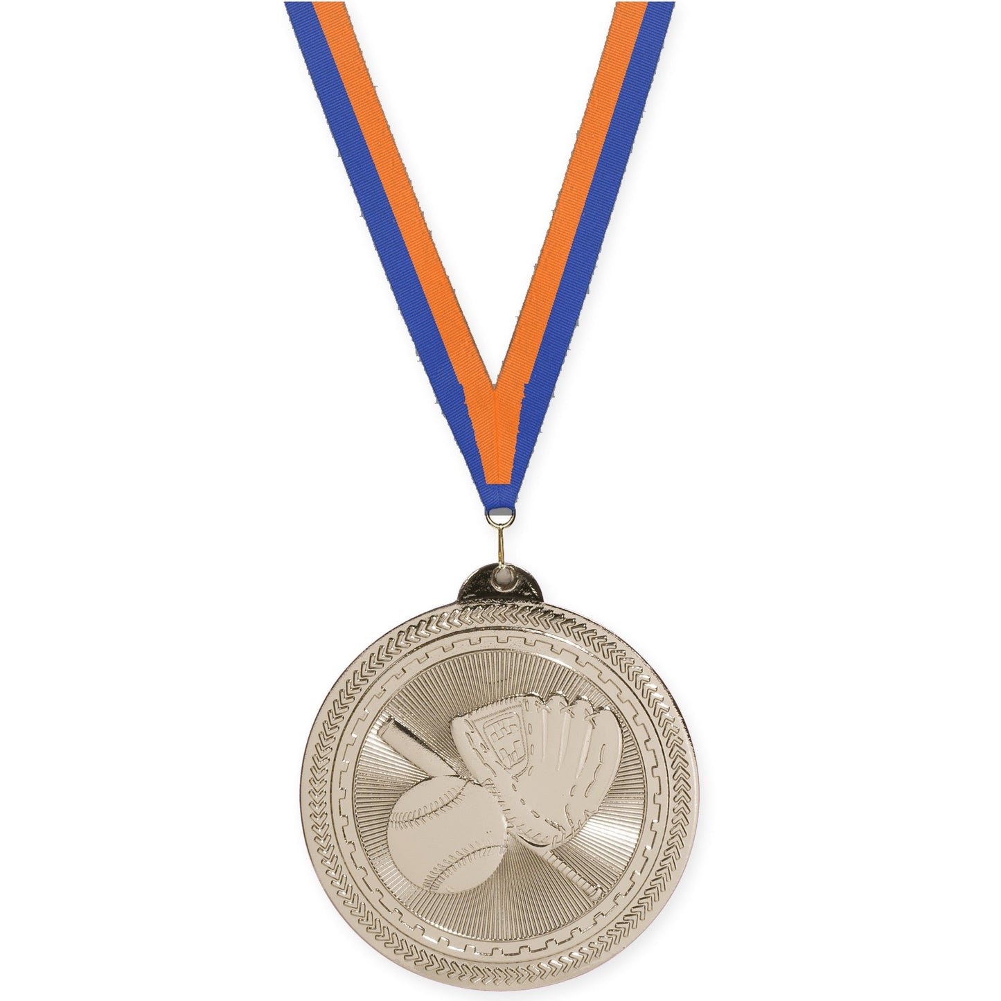 2 inch baseball and softball Sunburst medal in bright silver with Blue Orange neck ribbon