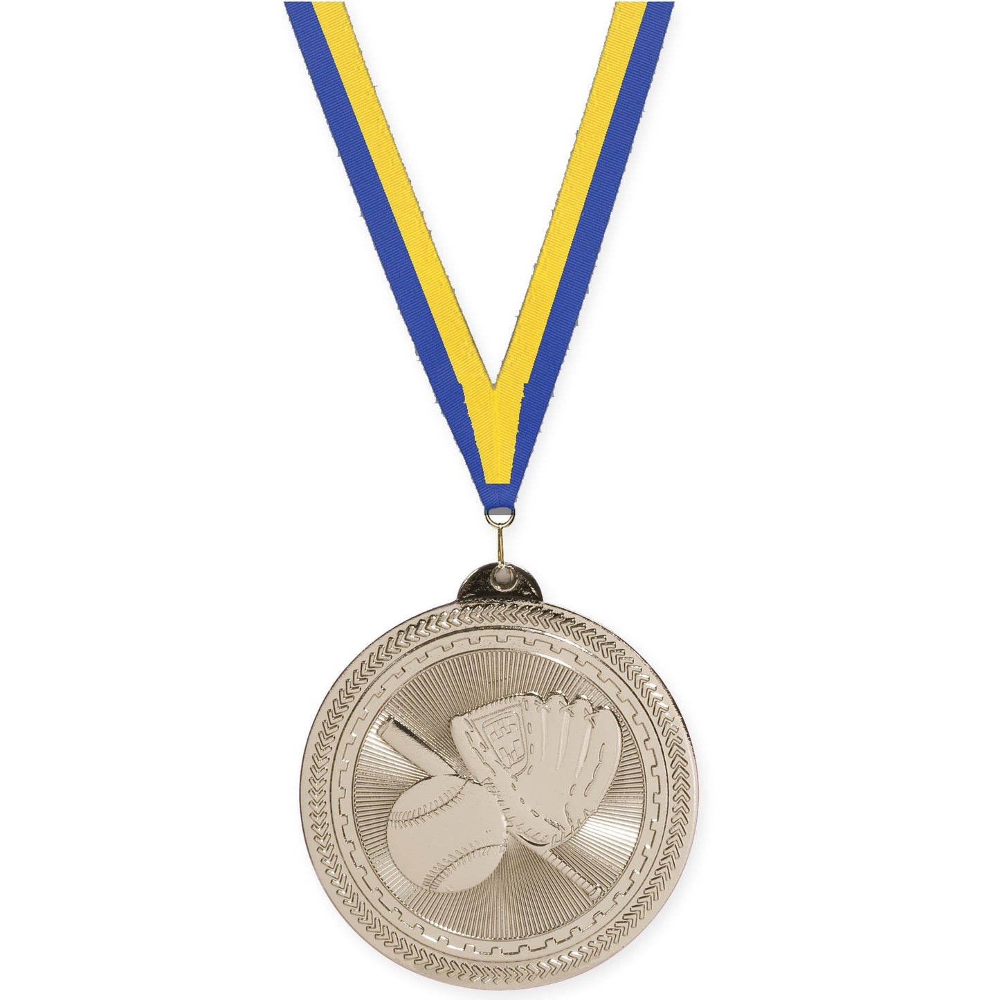 2 inch baseball and softball Sunburst medal in bright silver with Blue Yellow neck ribbon
