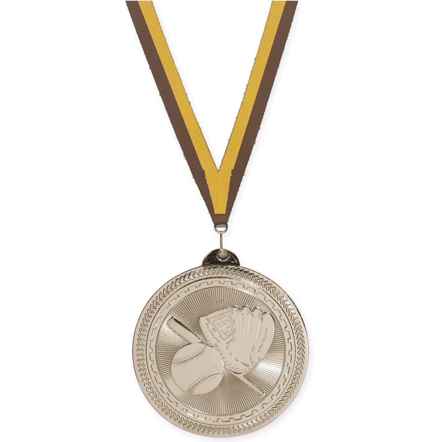 2 inch baseball and softball Sunburst medal in bright silver with Brown Gold neck ribbon