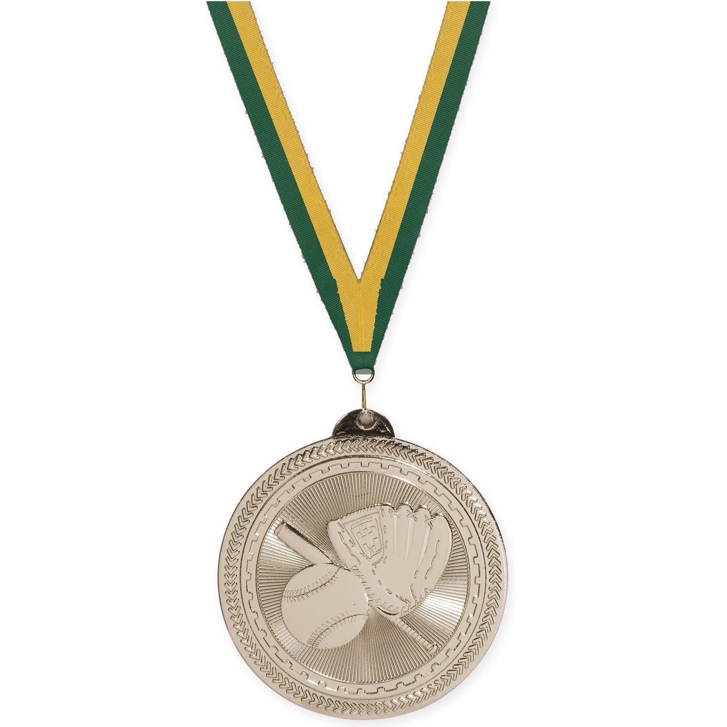 2 inch baseball and softball Sunburst medal in bright silver with Hunter Green Gold neck ribbon