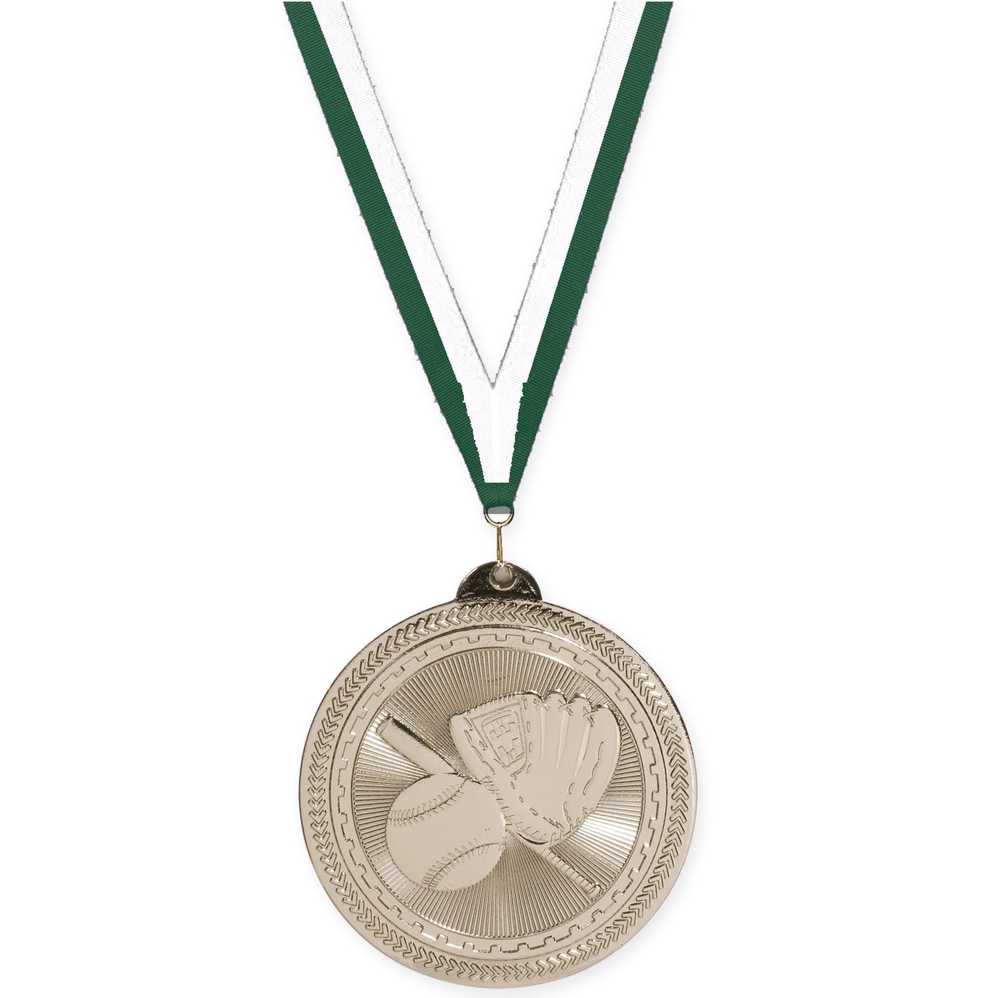 2 inch baseball and softball Sunburst medal in bright silver with Hunter Green White neck ribbon