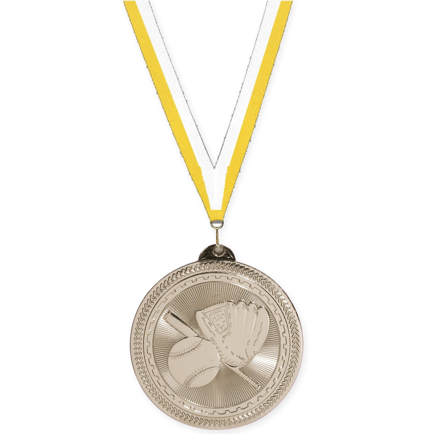 2 inch baseball and softball Sunburst medal in bright silver with Yellow White neck ribbon