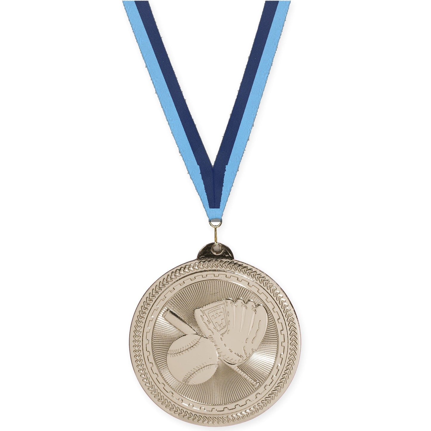 2 inch baseball and softball Sunburst medal in bright silver with Light Blue Navy neck ribbon
