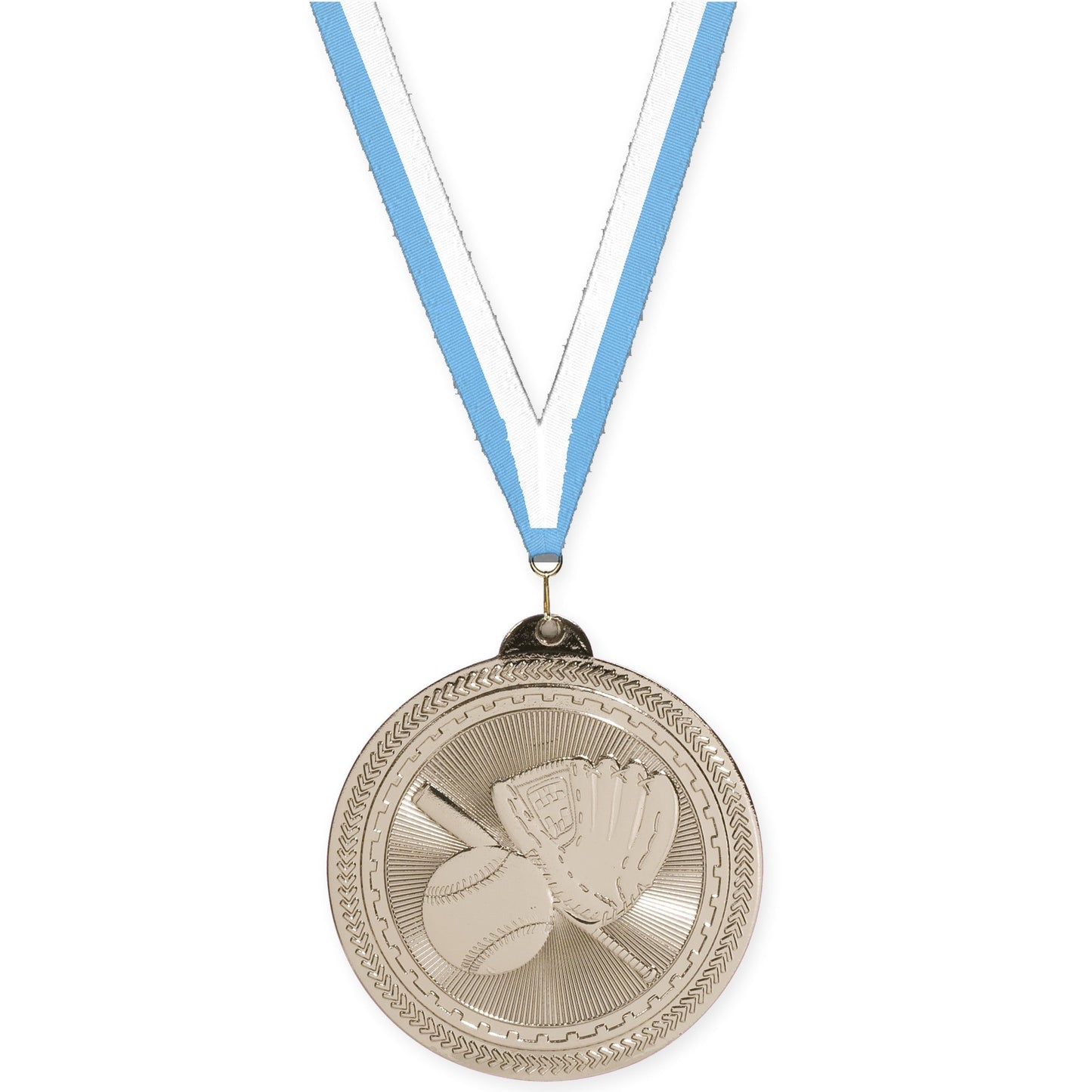 2 inch baseball and softball Sunburst medal in bright silver with Light Blue White neck ribbon