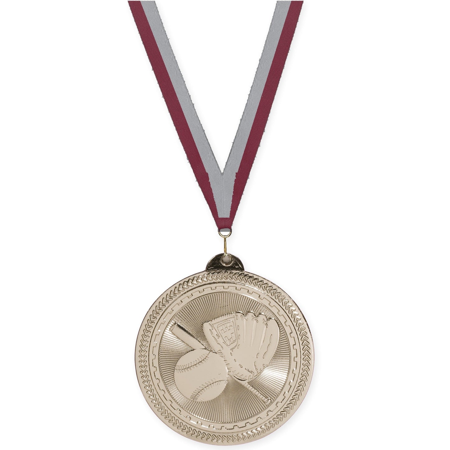 2 inch baseball and softball Sunburst medal in bright silver with Maroon Gray neck ribbon