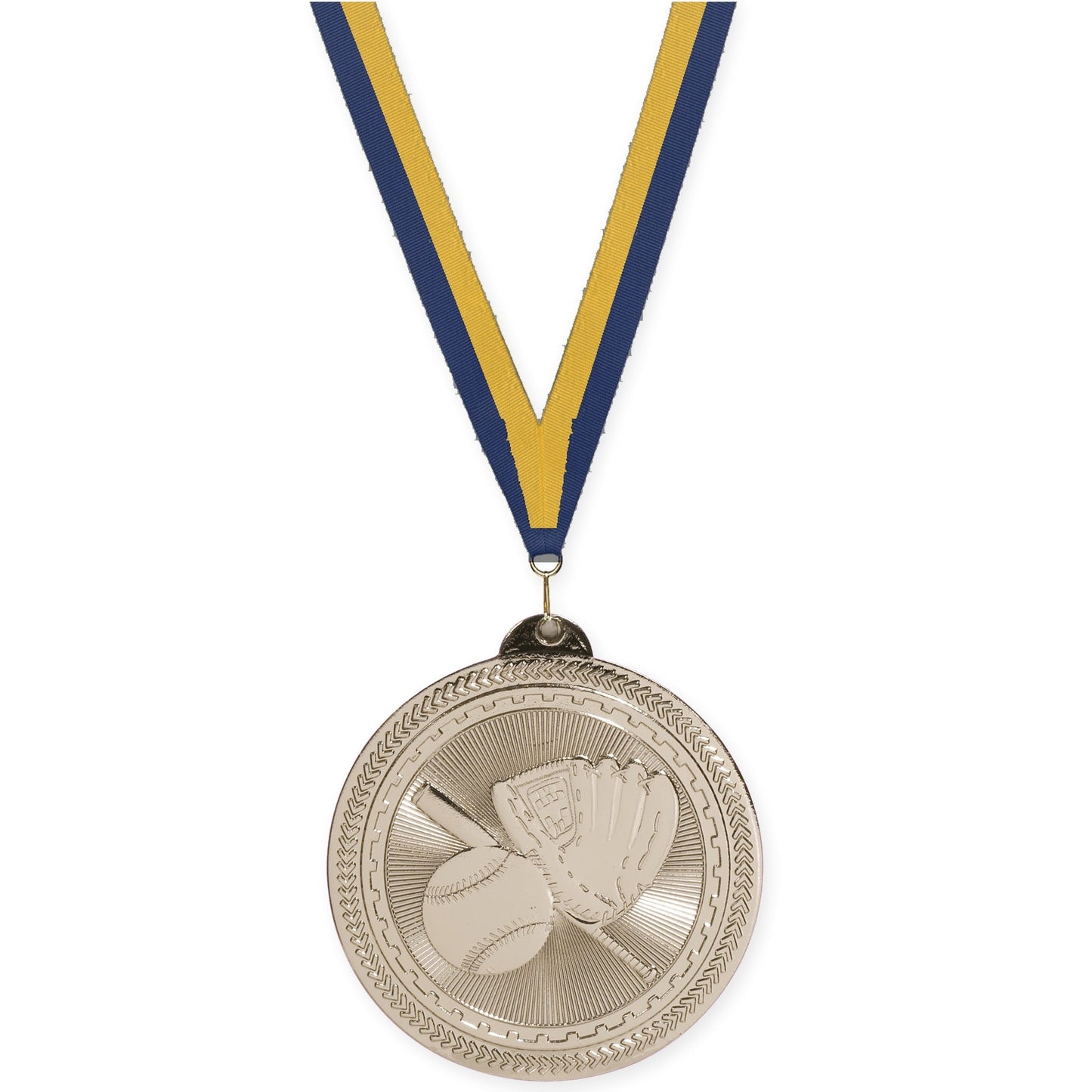 2 inch baseball and softball Sunburst medal in bright silver with Navy Gold neck ribbon
