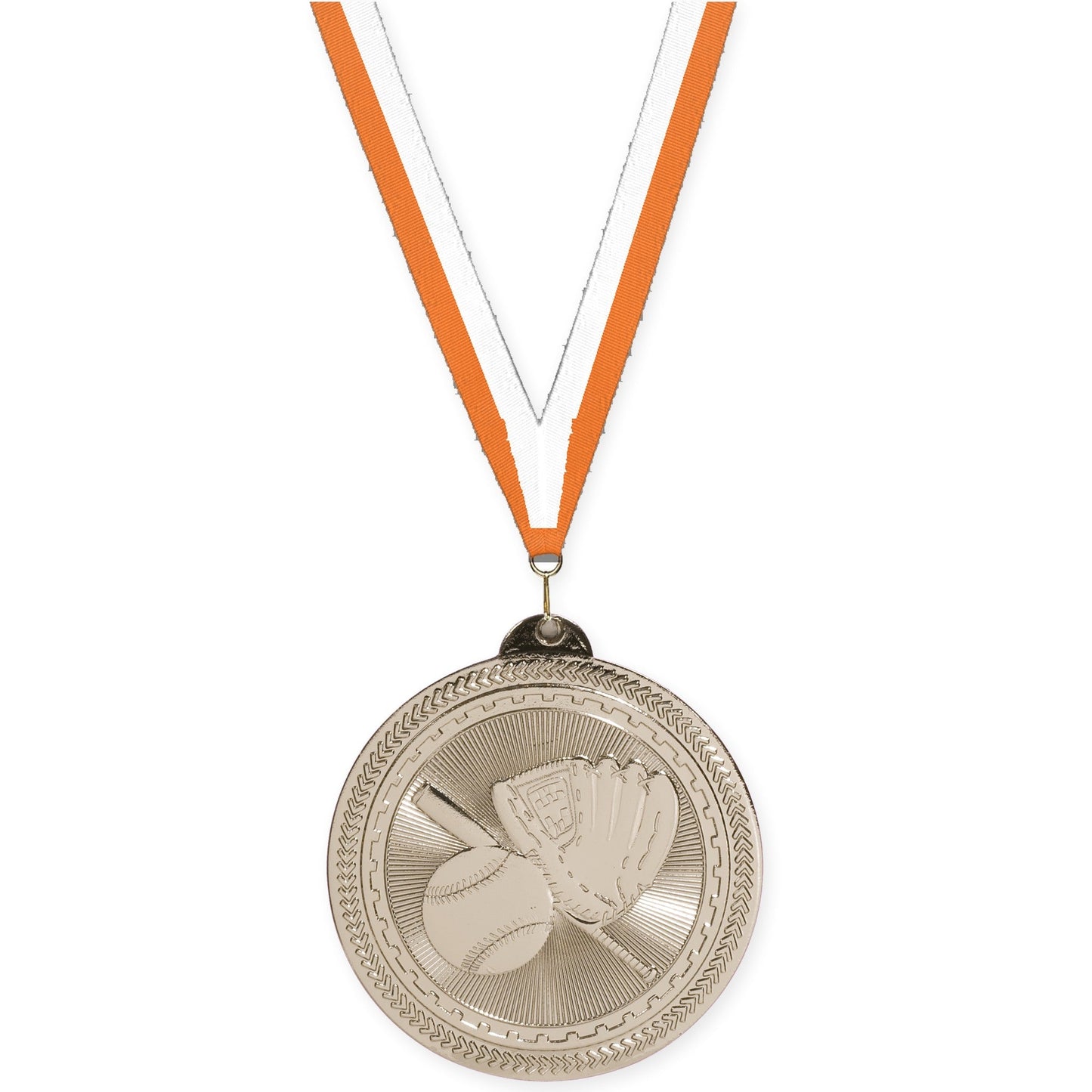 2 inch baseball and softball Sunburst medal in bright silver with Orange White neck ribbon