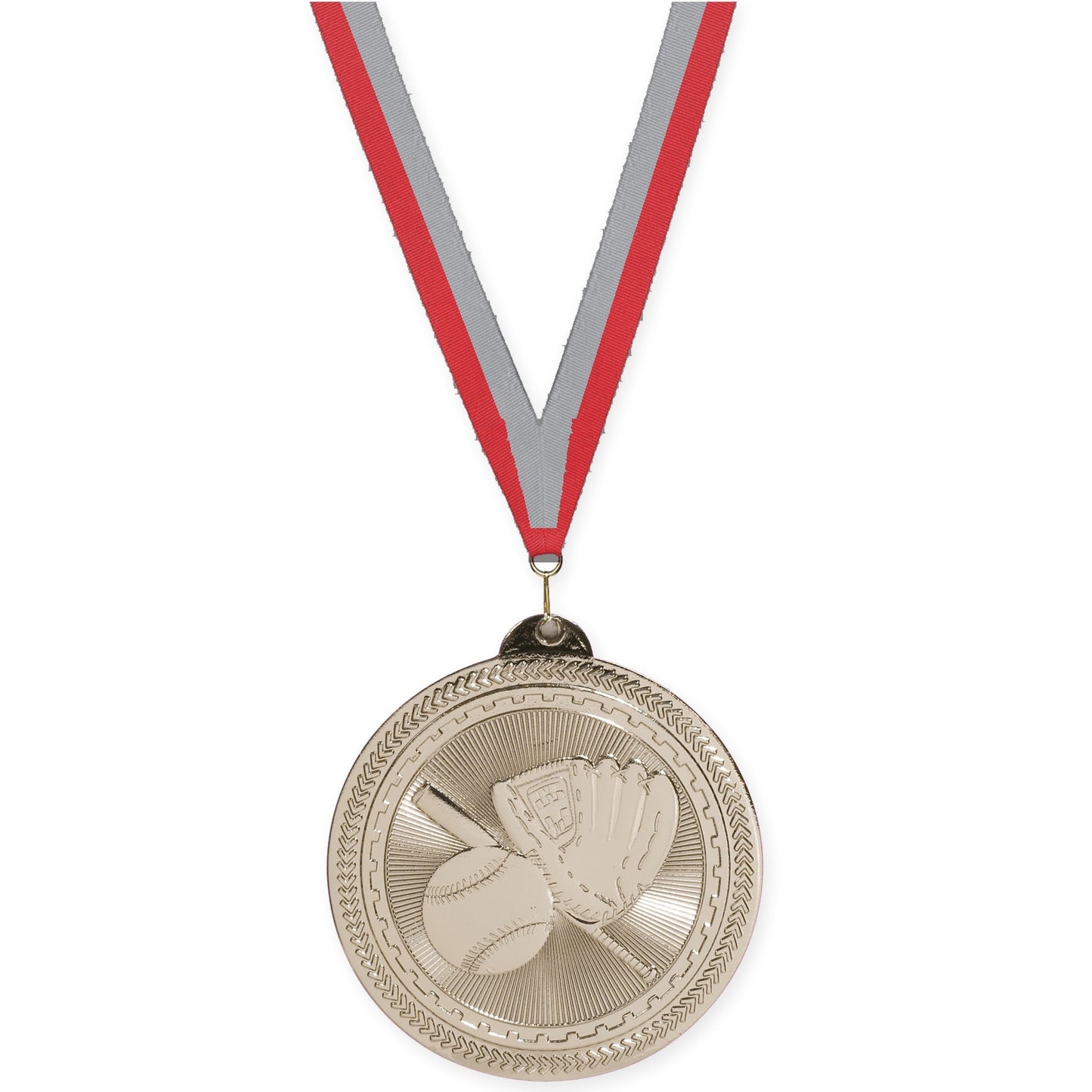 2 inch baseball and softball Sunburst medal in bright silver with Red Gray neck ribbon
