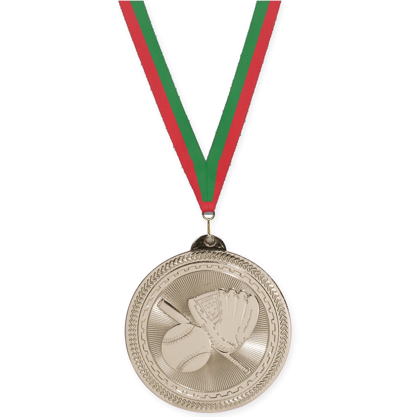 2 inch baseball and softball Sunburst medal in bright silver with Red Green neck ribbon
