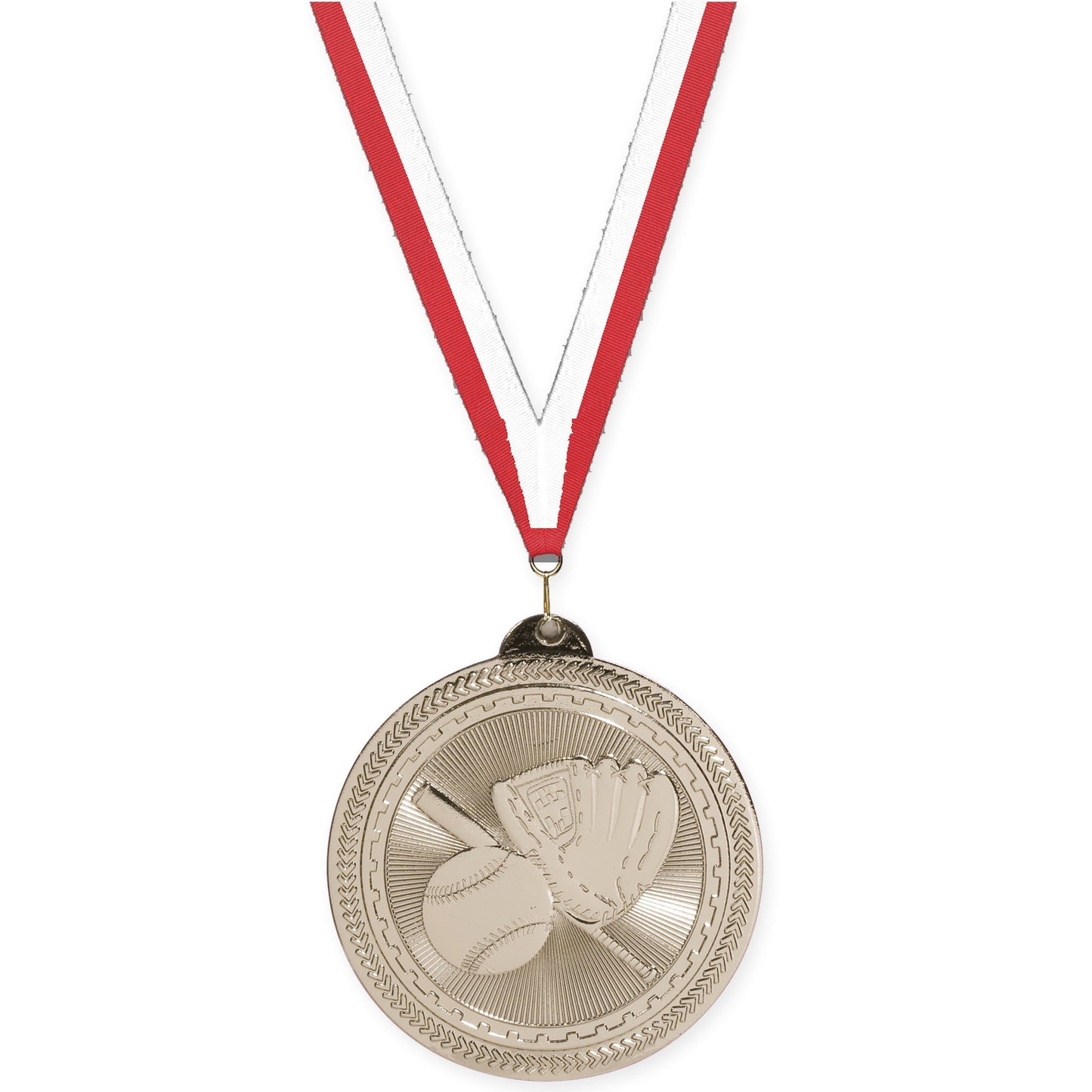 2 inch baseball and softball Sunburst medal in bright silver with Red White neck ribbon
