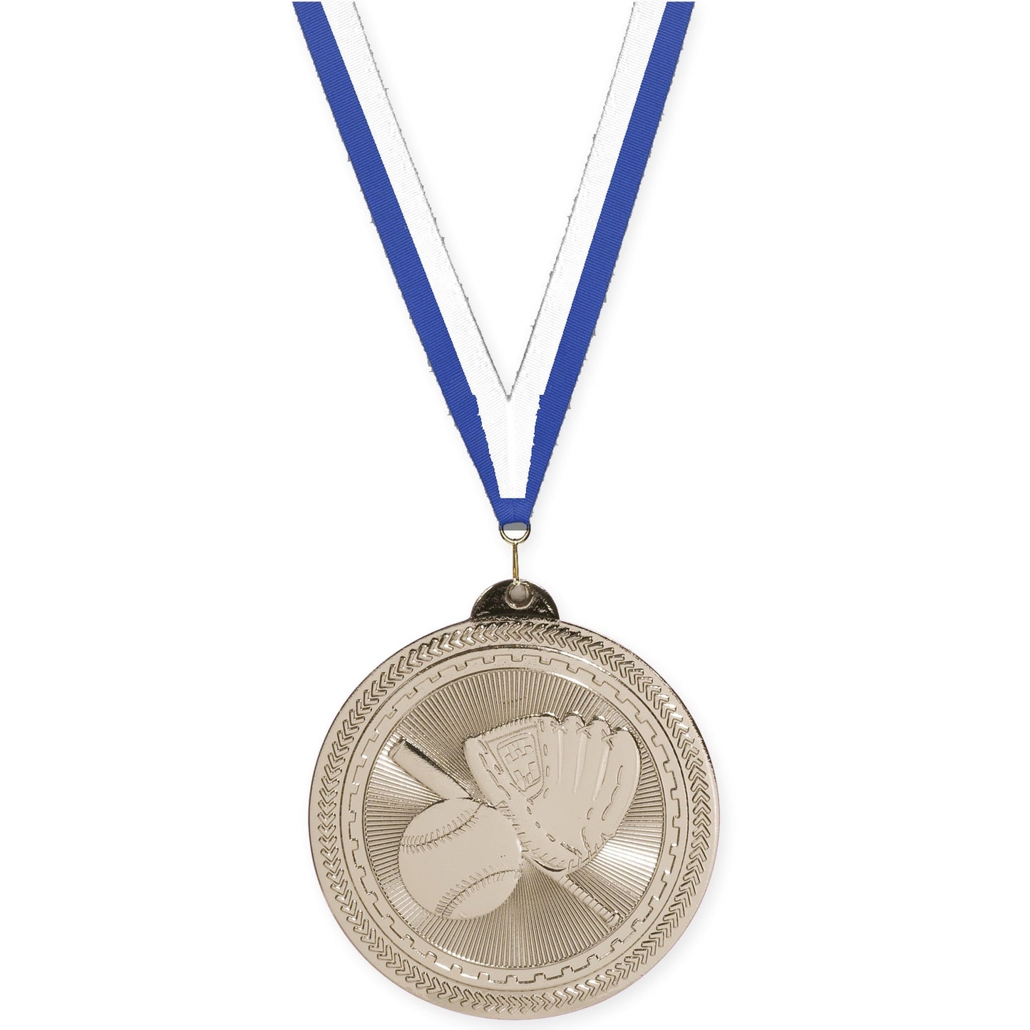 2 inch baseball and softball Sunburst medal in bright silver with Blue White neck ribbon