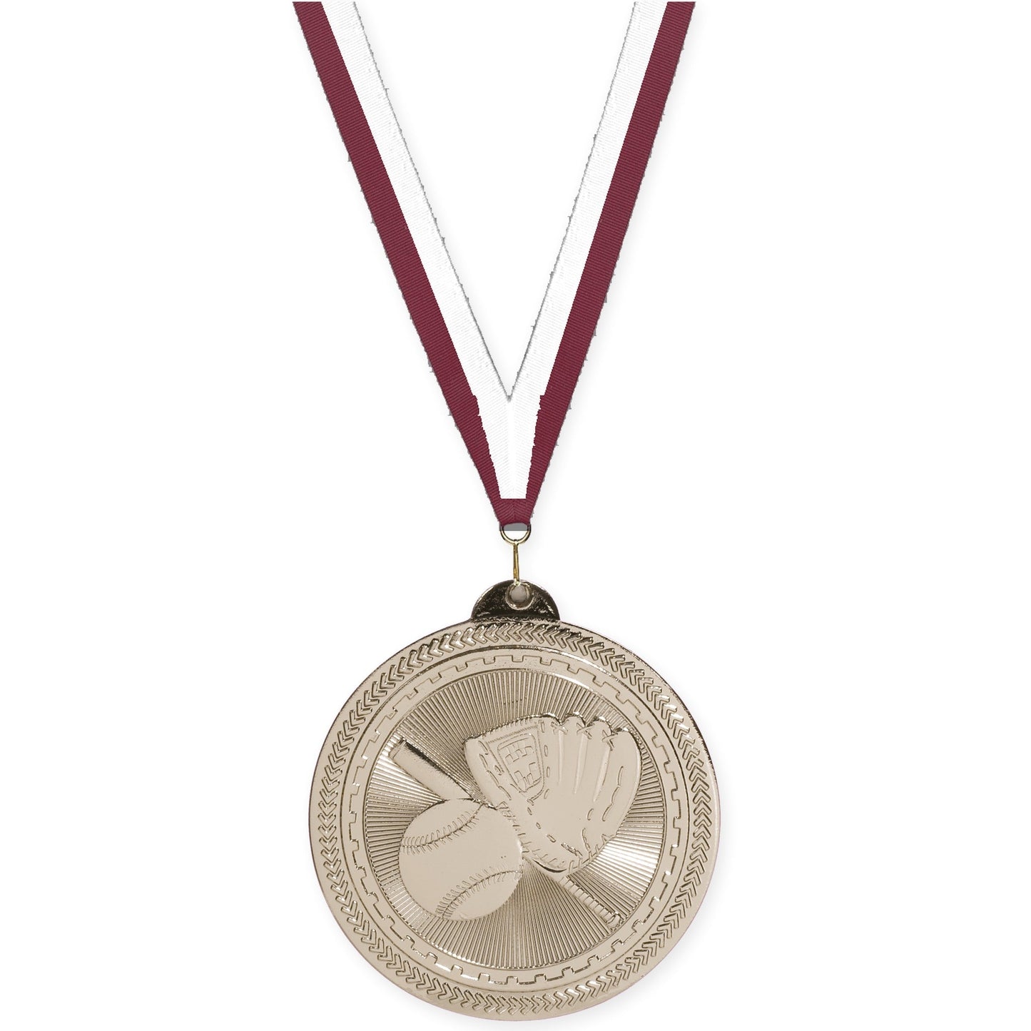 2 inch baseball and softball Sunburst medal in bright silver with Maroon White neck ribbon