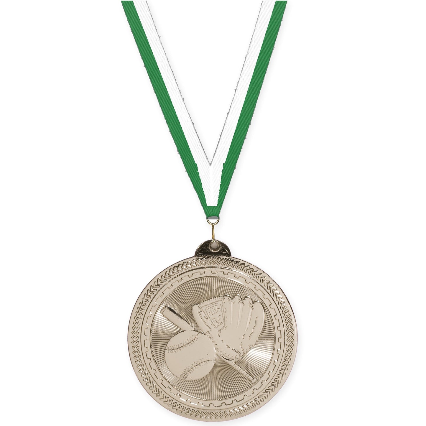 2 inch baseball and softball Sunburst medal in bright silver with Green White neck ribbon