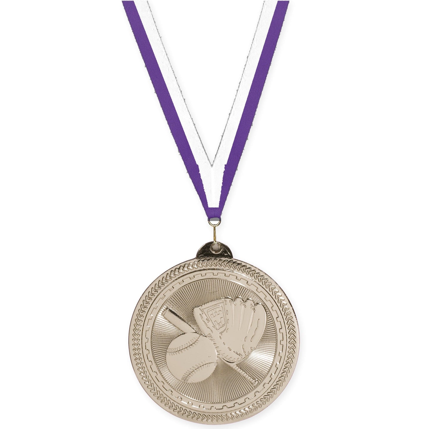 2 inch baseball and softball Sunburst medal in bright silver with Purple White neck ribbon