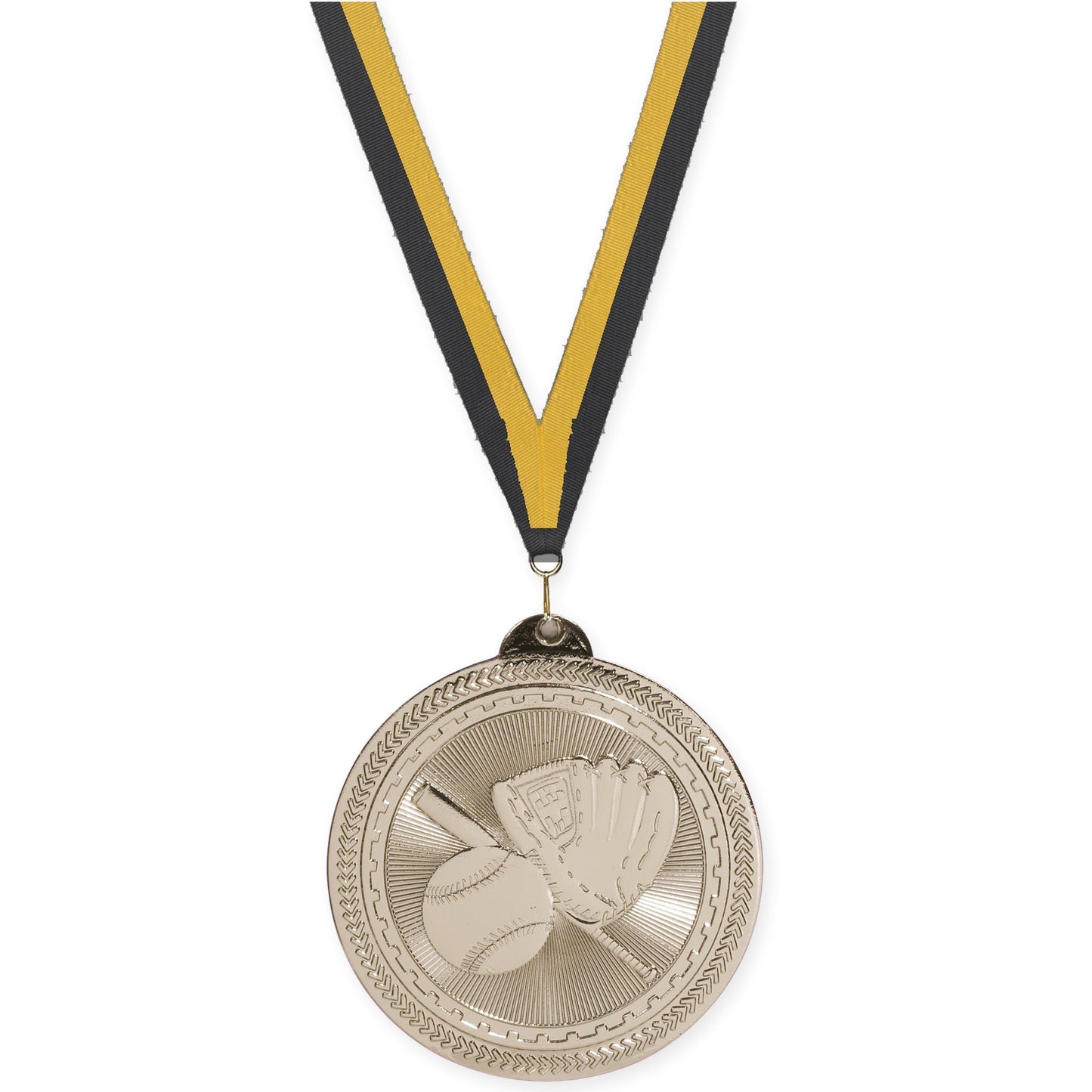 2 inch baseball and softball Sunburst medal in bright silver with Black Gold neck ribbon