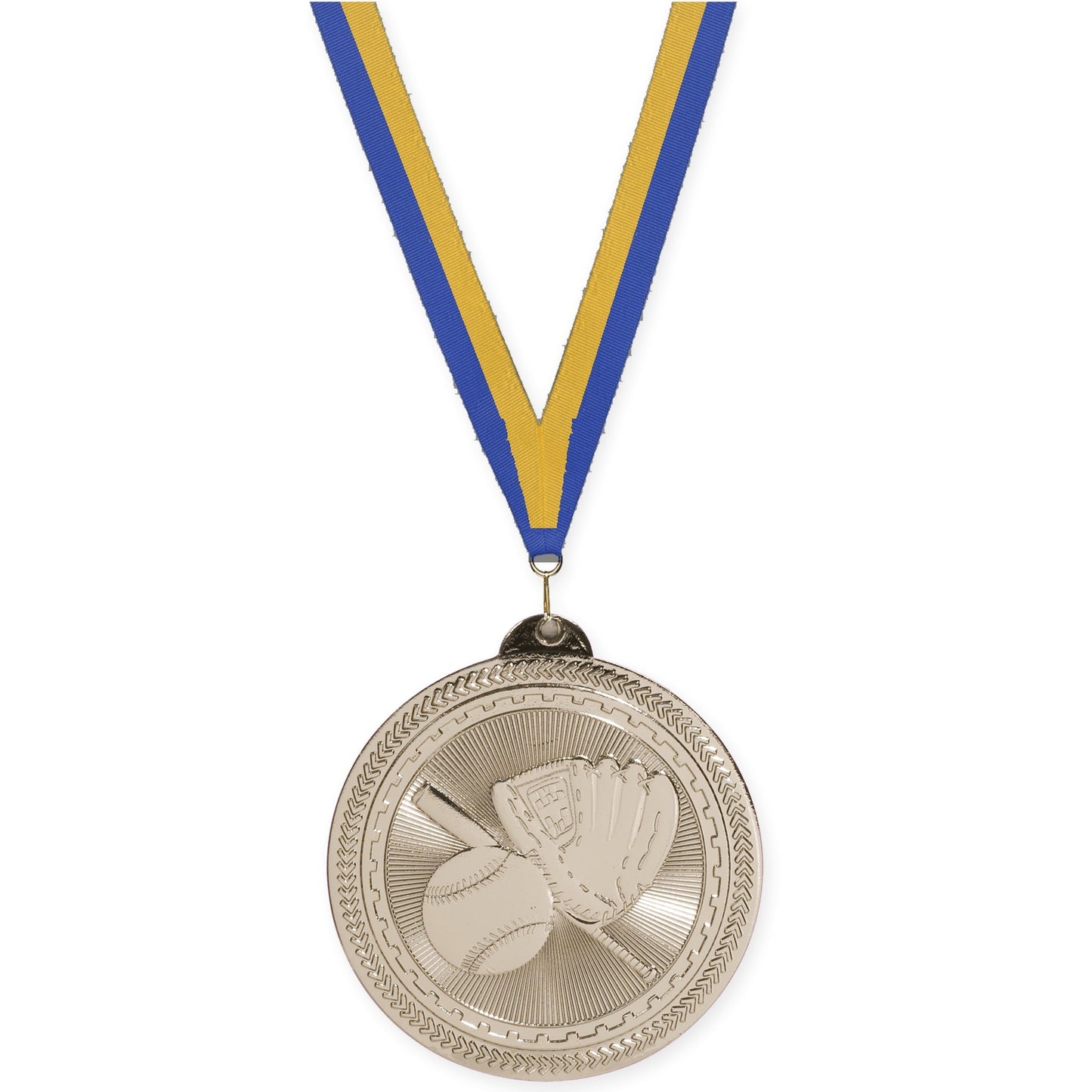 2 inch baseball and softball Sunburst medal in bright silver with Blue Gold neck ribbon