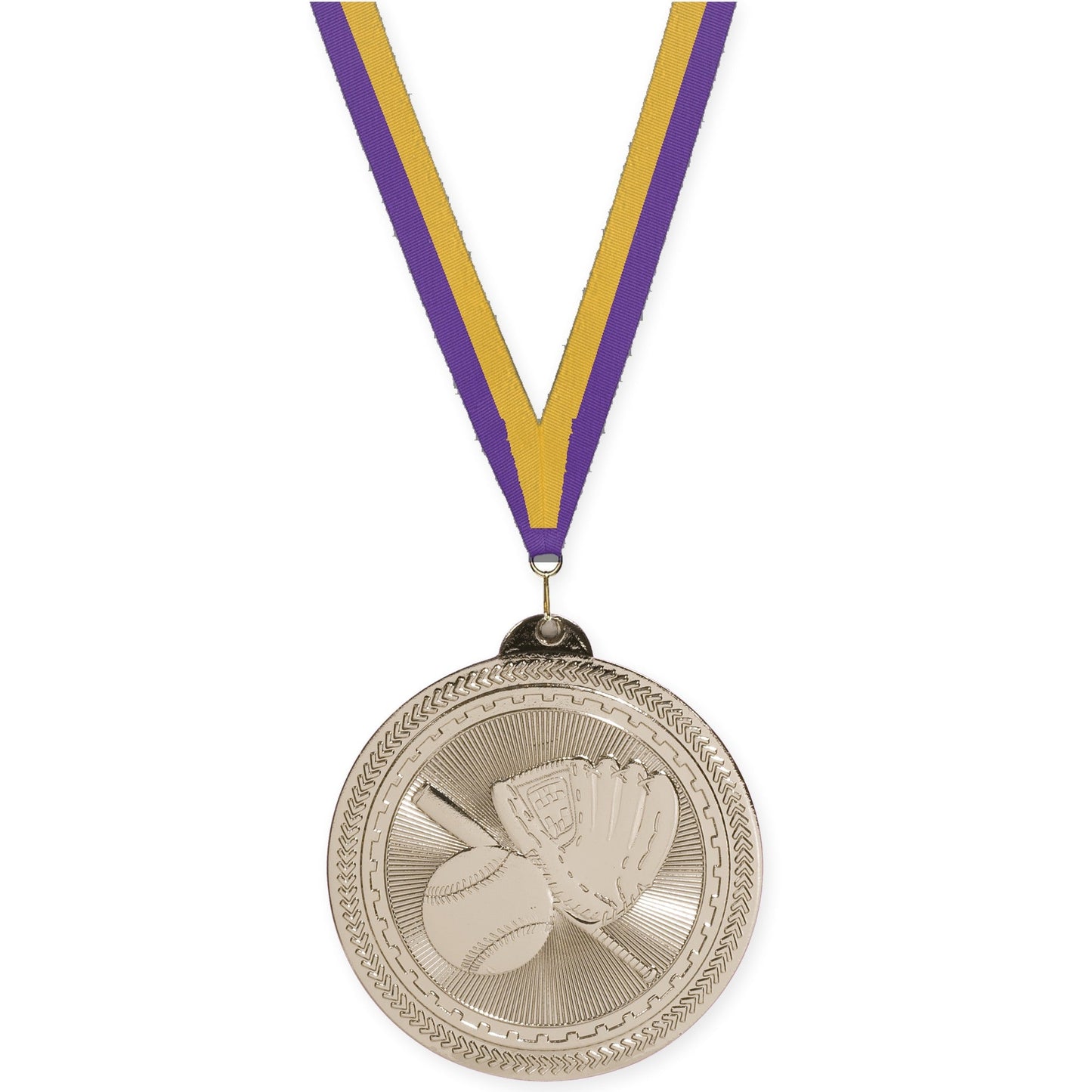 2 inch baseball and softball Sunburst medal in bright silver with Purple Gold neck ribbon