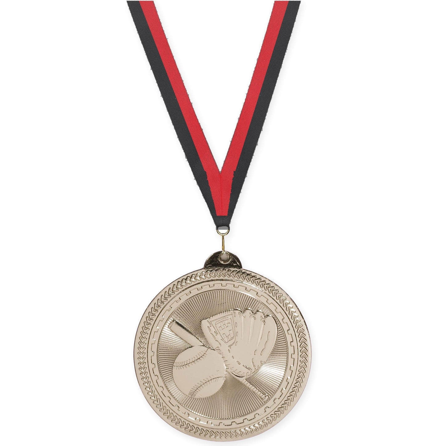 2 inch baseball and softball Sunburst medal in bright silver with Black Red neck ribbon