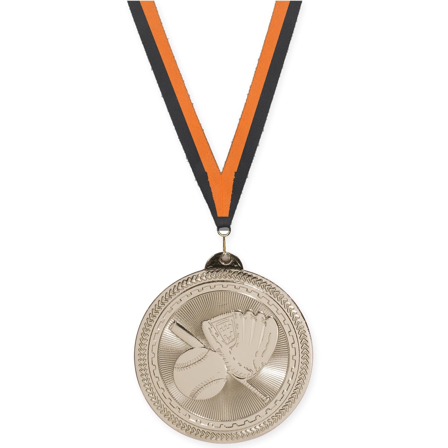 2 inch baseball and softball Sunburst medal in bright silver with Black Orange neck ribbon