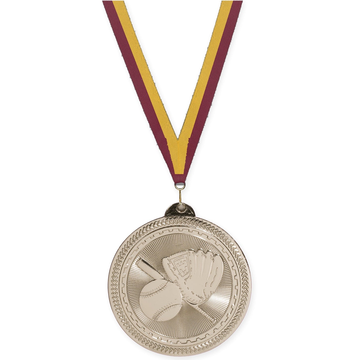 2 inch baseball and softball Sunburst medal in bright silver with Maroon Gold neck ribbon