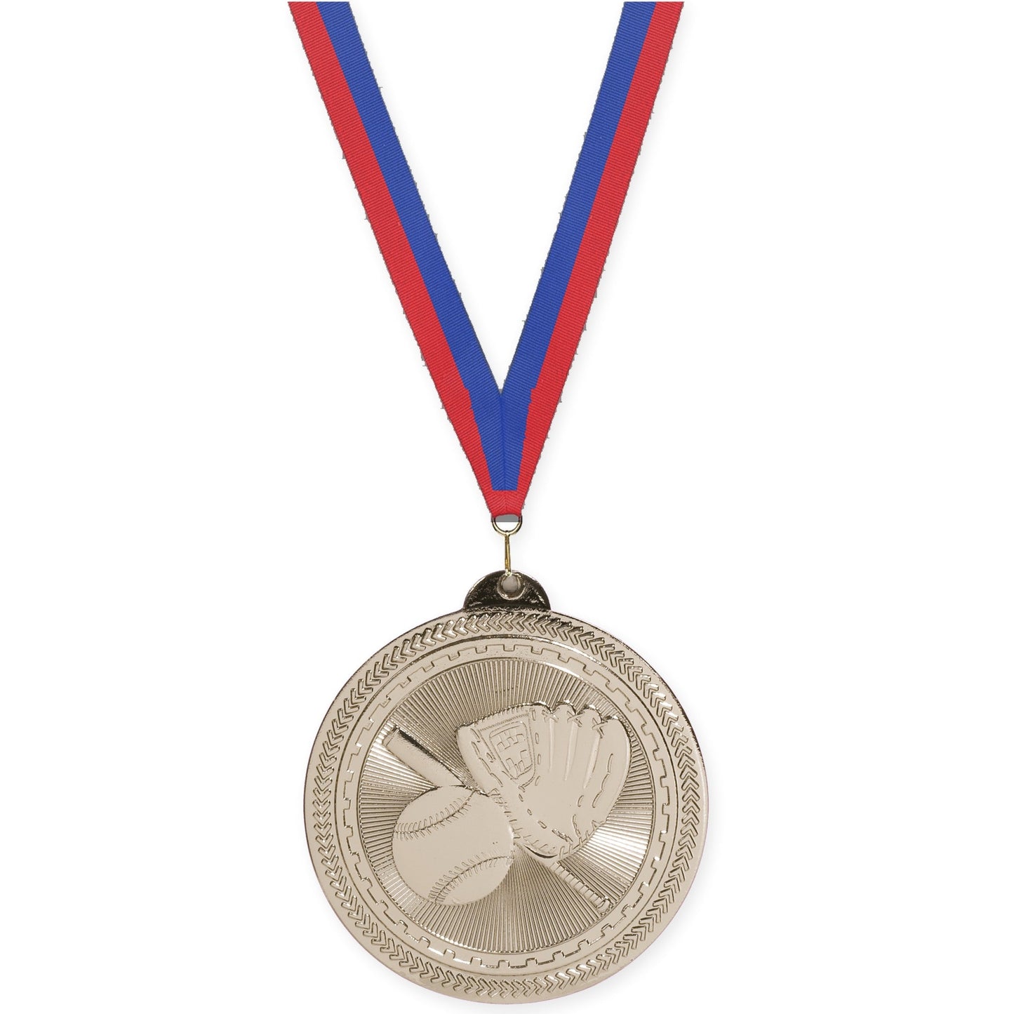 2 inch baseball and softball Sunburst medal in bright silver with Blue Red neck ribbon