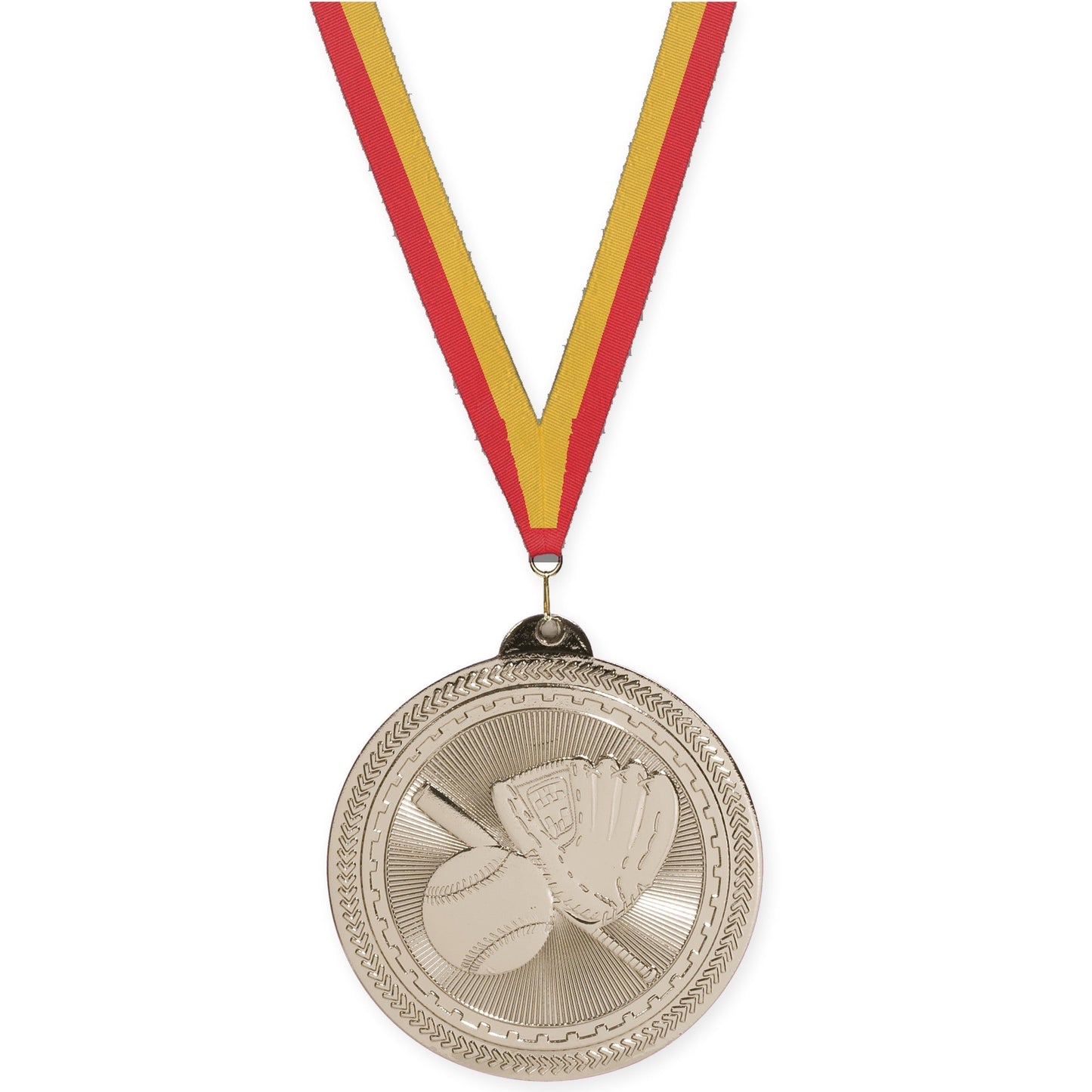 2 inch baseball and softball Sunburst medal in bright silver with Red Gold neck ribbon