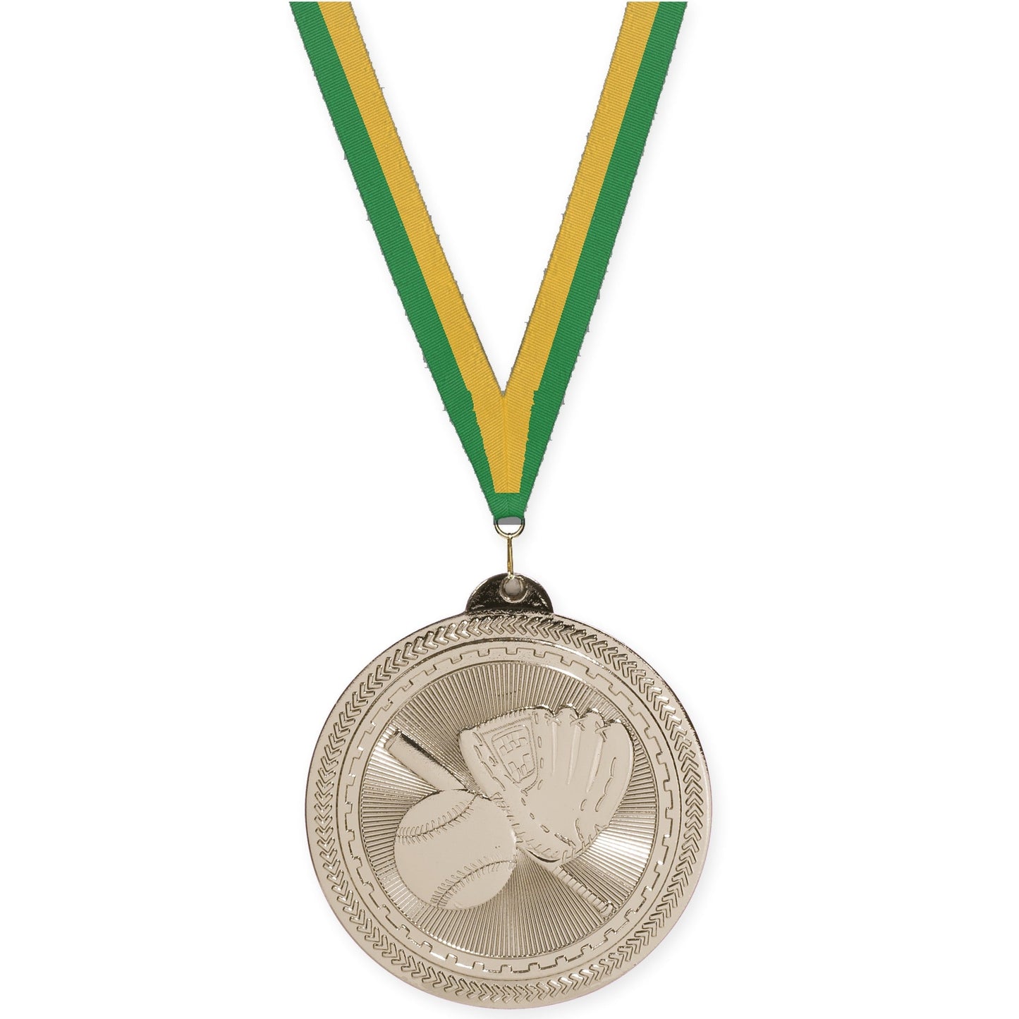 2 inch baseball and softball Sunburst medal in bright silver with Green Gold neck ribbon