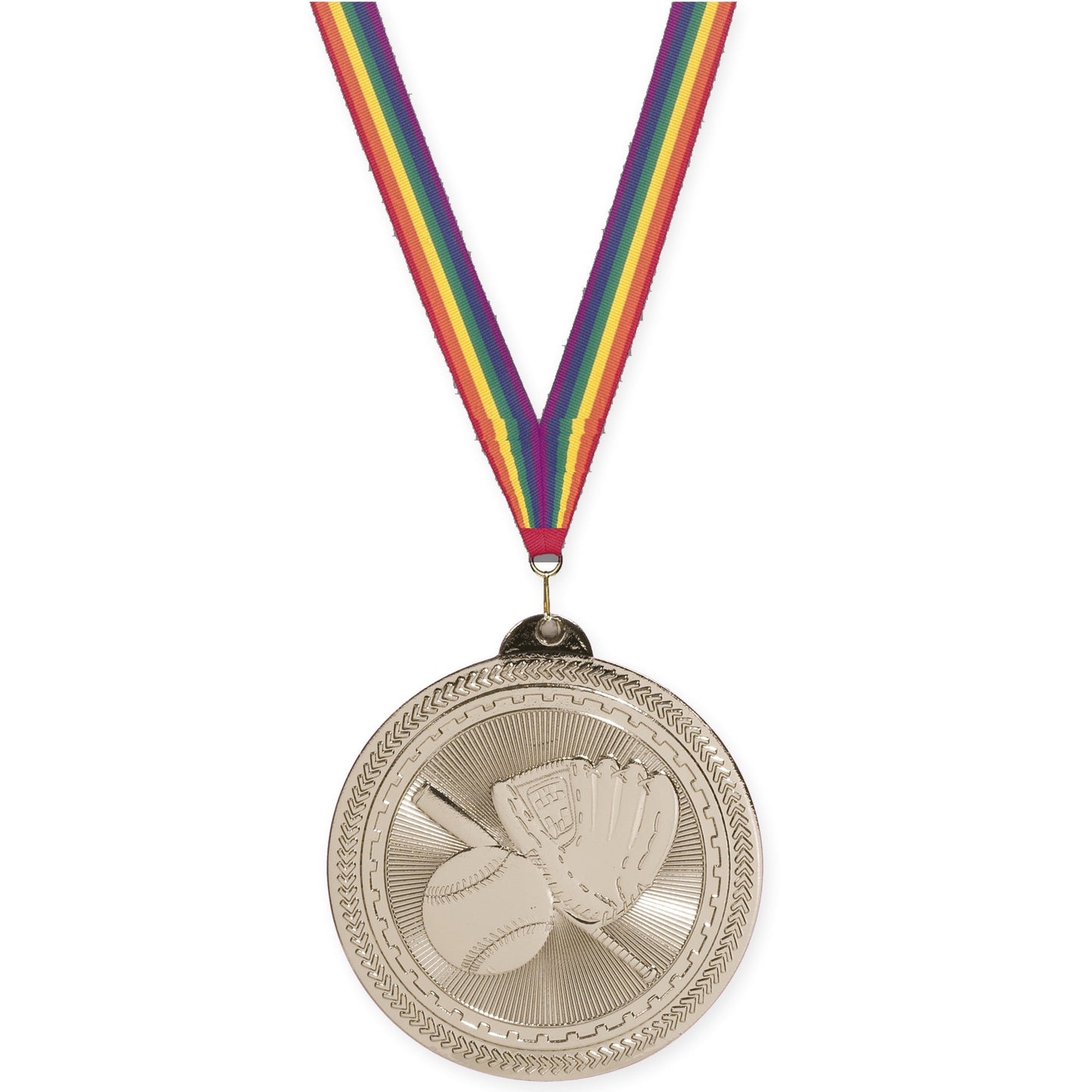 2 inch baseball and softball Sunburst medal in bright silver with Rainbow neck ribbon