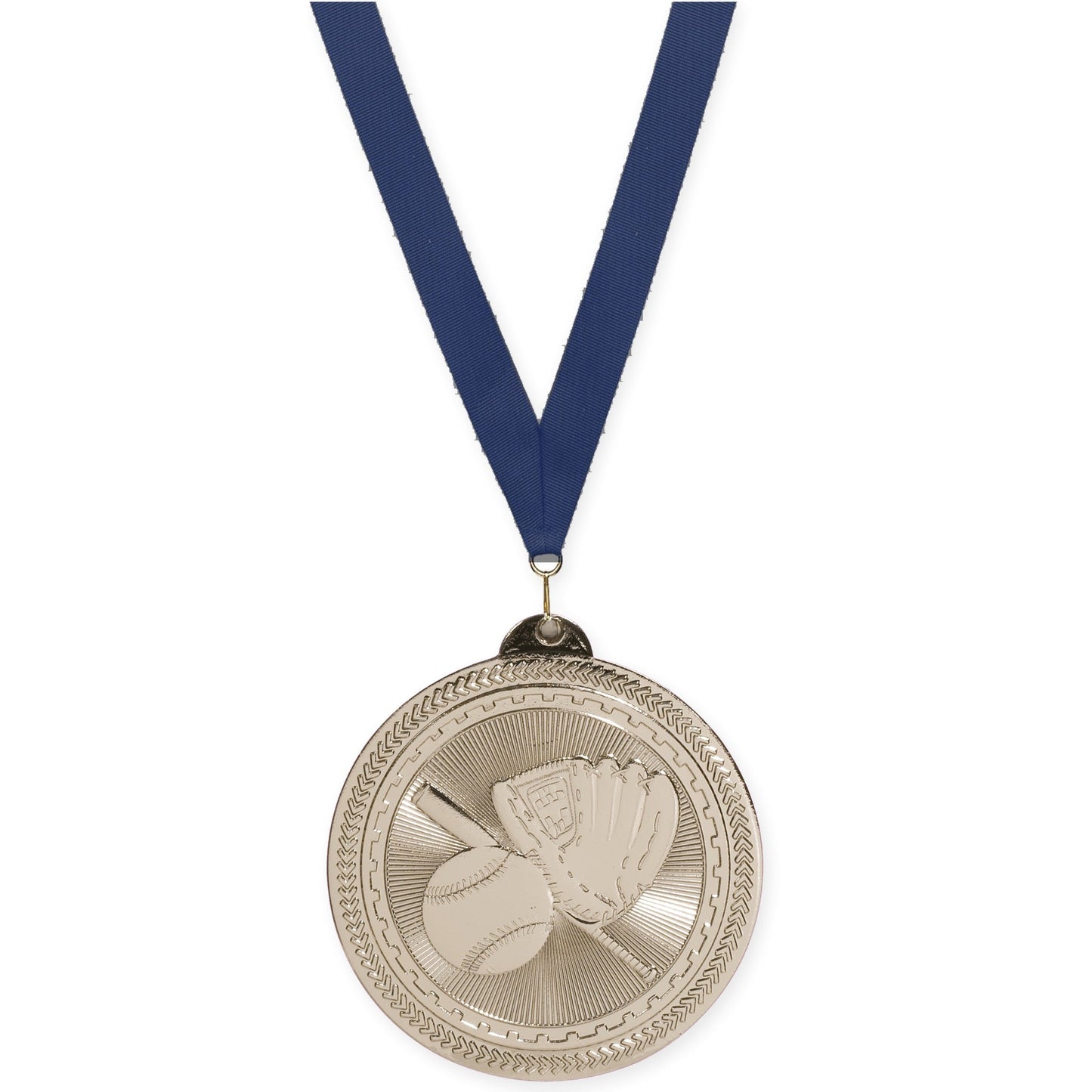 2 inch baseball and softball Sunburst medal in bright silver with Navy neck ribbon