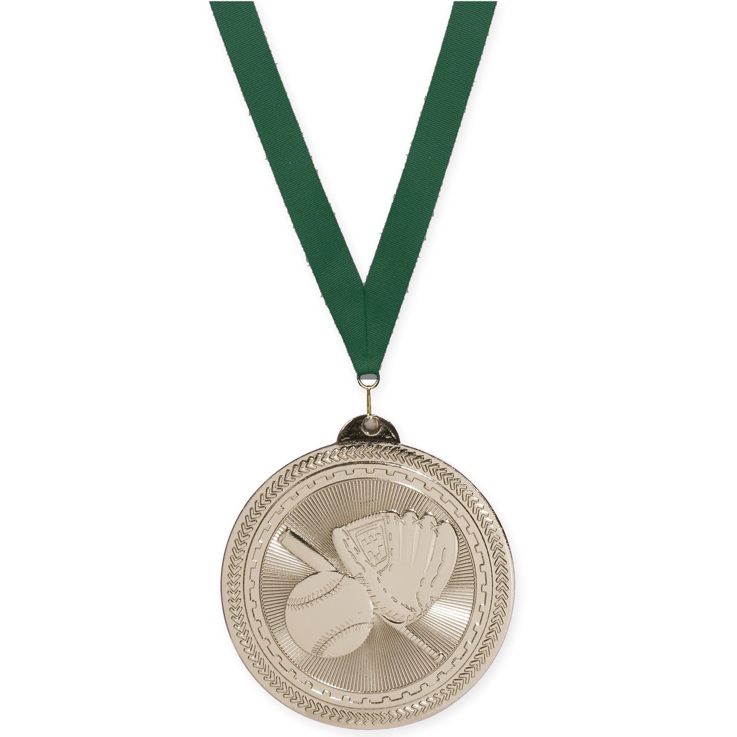 2 inch baseball and softball Sunburst medal in bright silver with Hunter Green neck ribbon