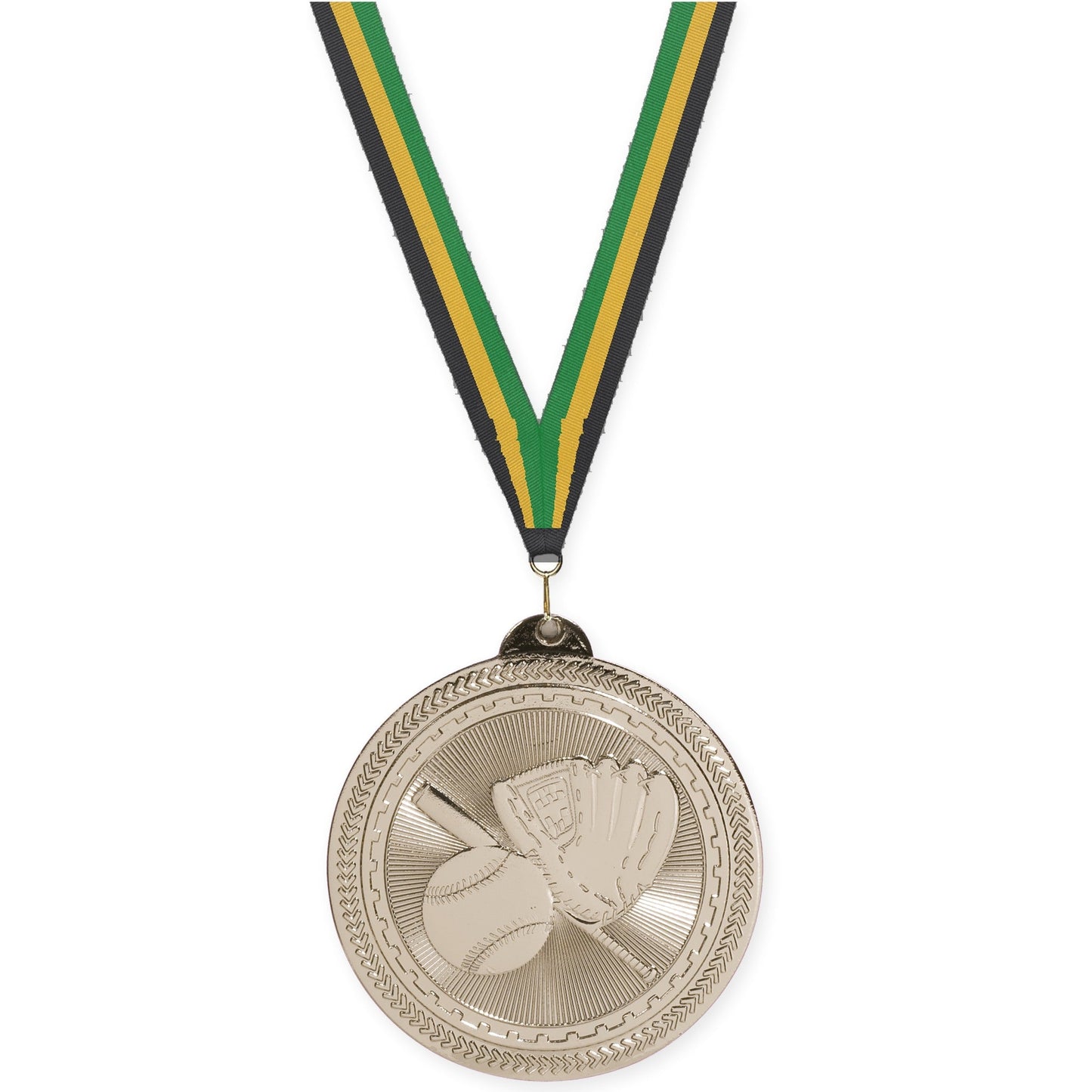 2 inch baseball and softball Sunburst medal in bright silver with Black Gold Green neck ribbon