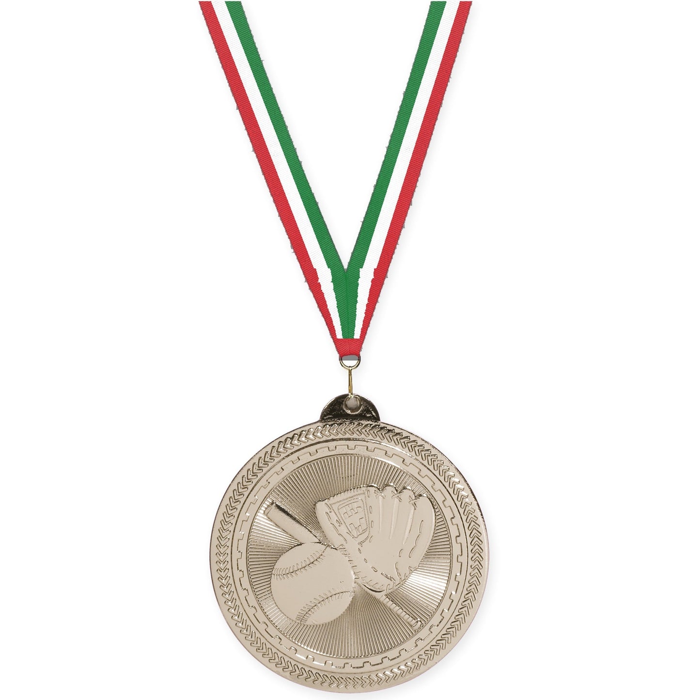 2 inch baseball and softball Sunburst medal in bright silver with Red White Green neck ribbon