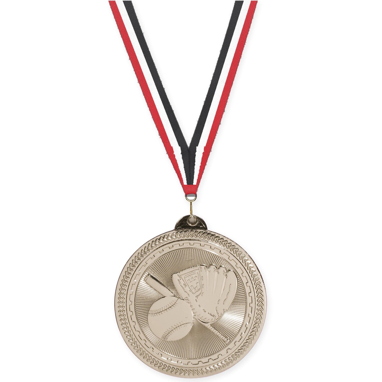 2 inch baseball and softball Sunburst medal in bright silver with Red White Black neck ribbon